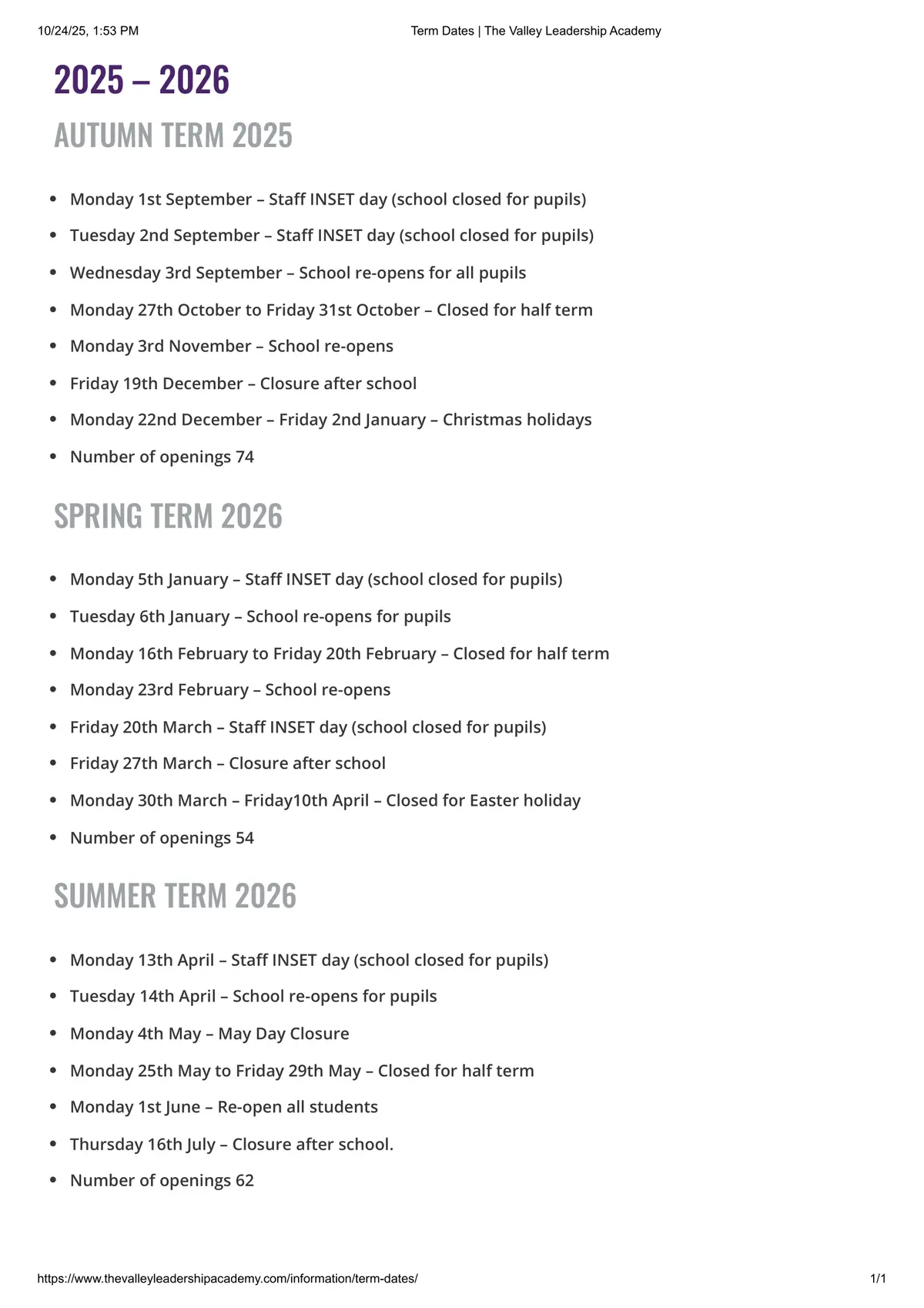 The Valley Leadership Academy term dates