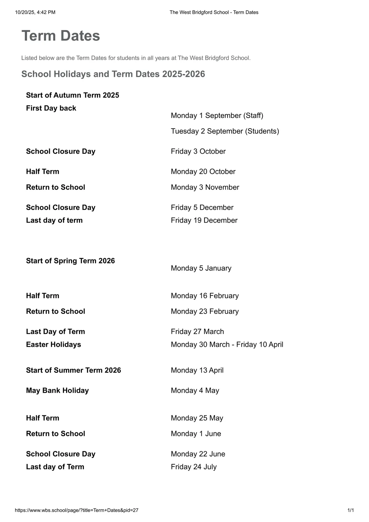 The West Bridgford School term dates