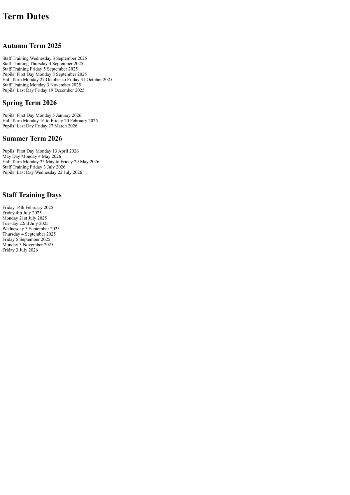 Wey Valley Academy term dates