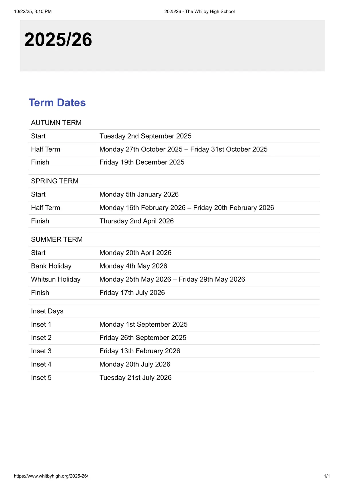 The Whitby High School term dates