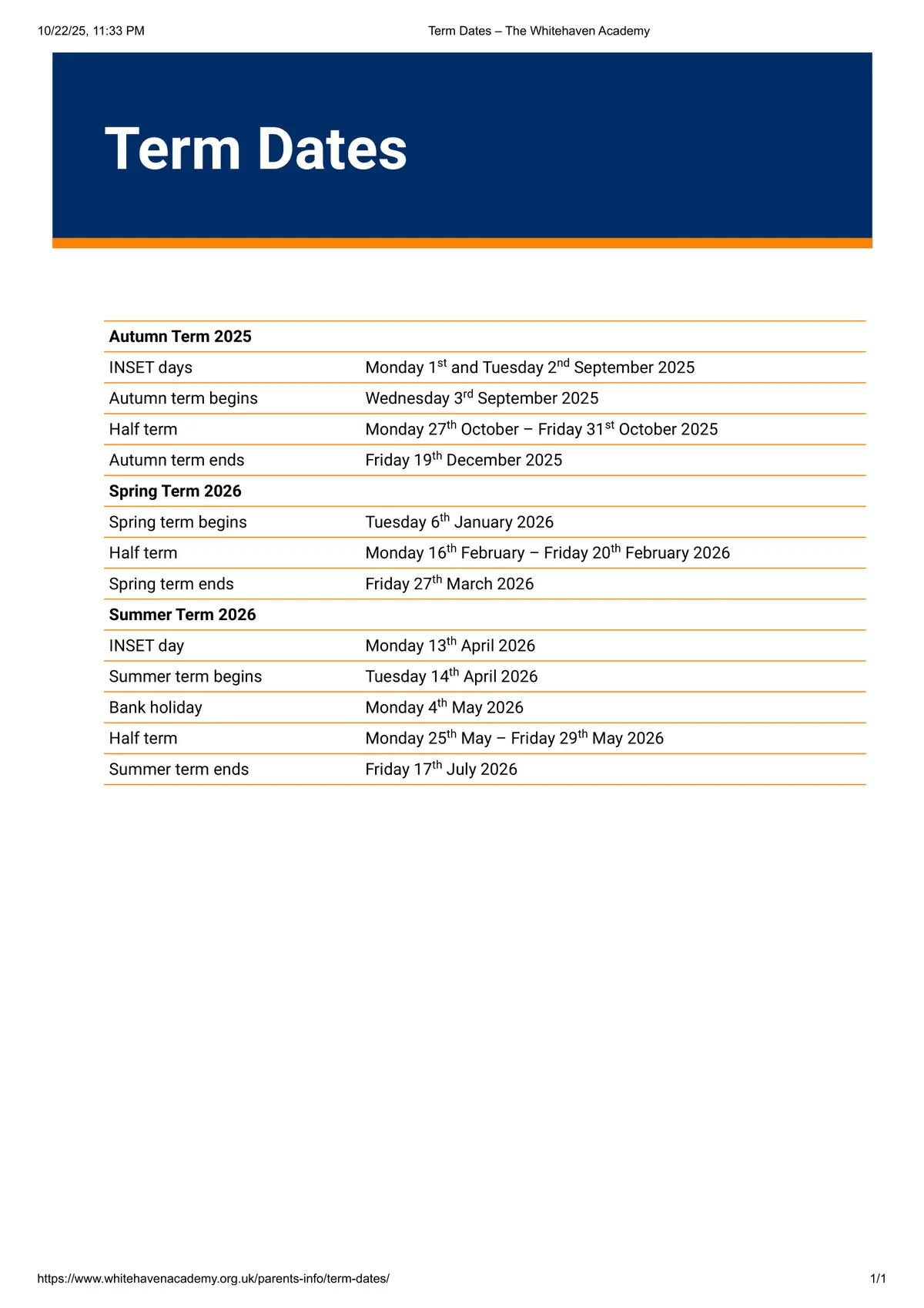 The Whitehaven Academy term dates