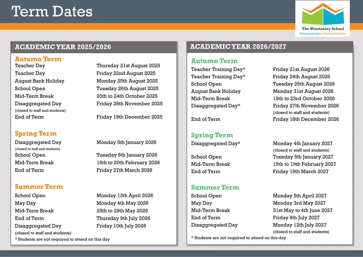 The Winstanley School term dates