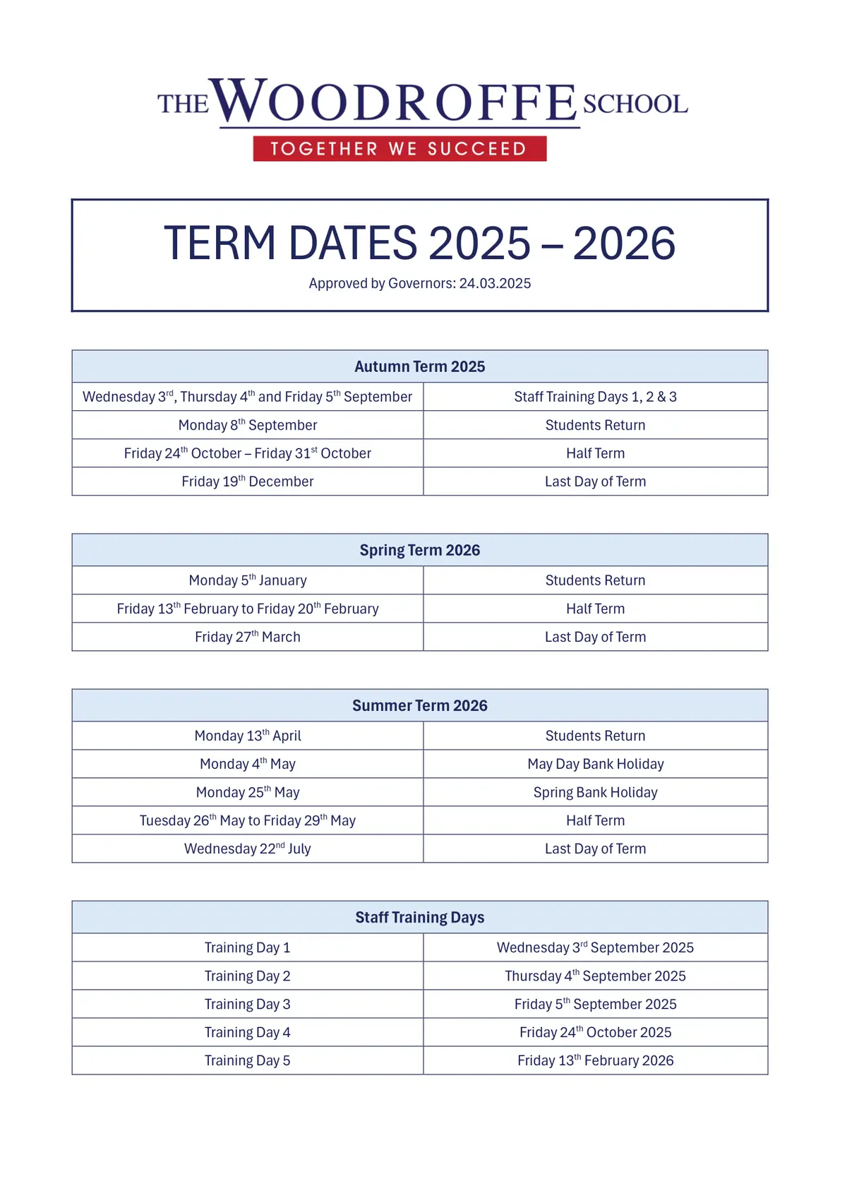 The Woodroffe School term dates
