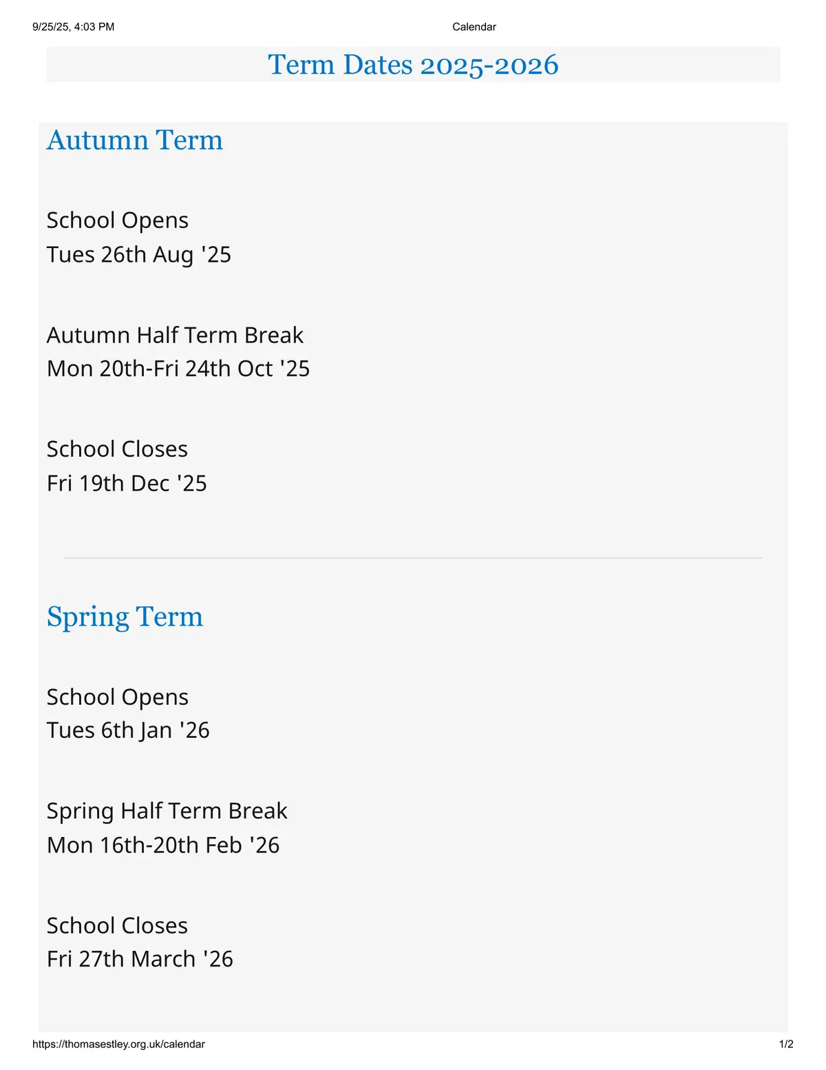 Thomas Estley Community College term dates