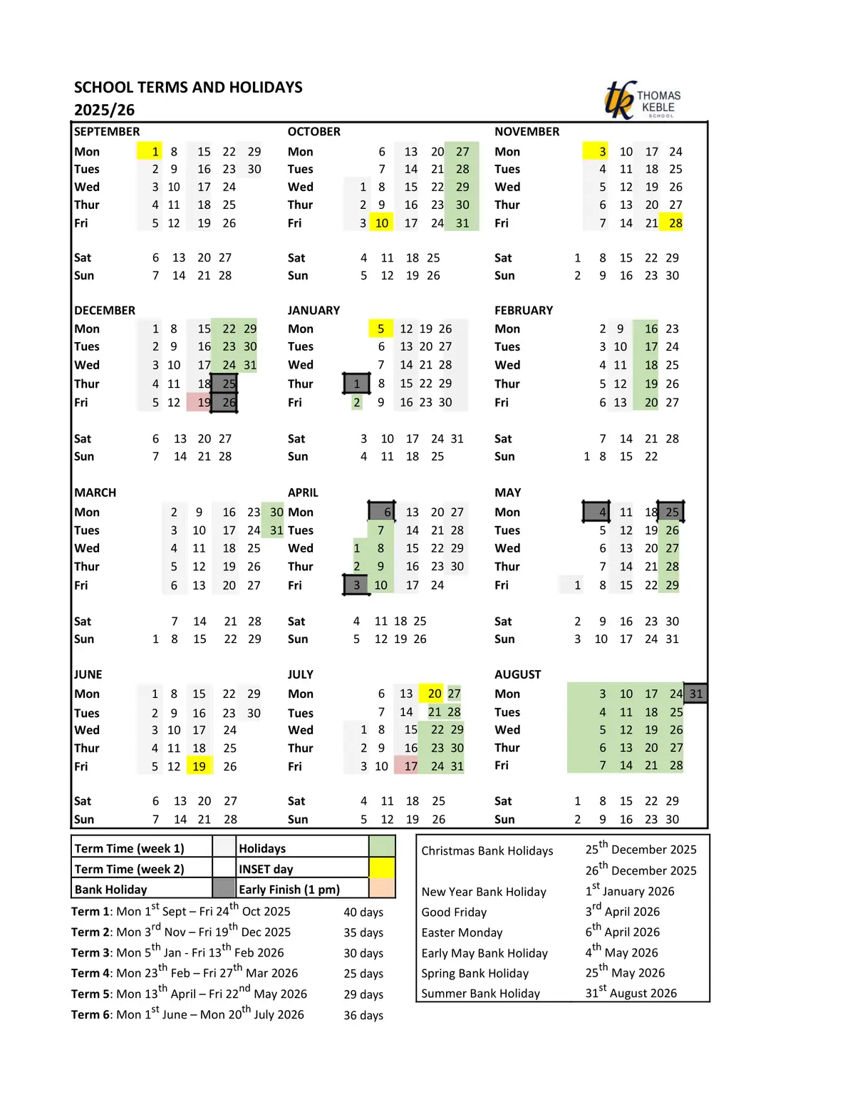Thomas Keble School term dates