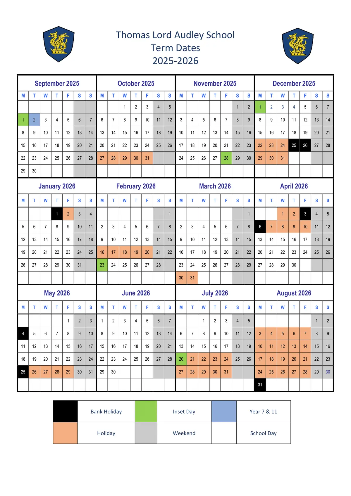 The Thomas Lord Audley School term dates