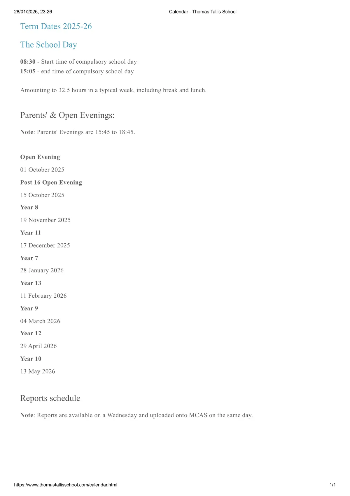 Thomas Tallis School term dates