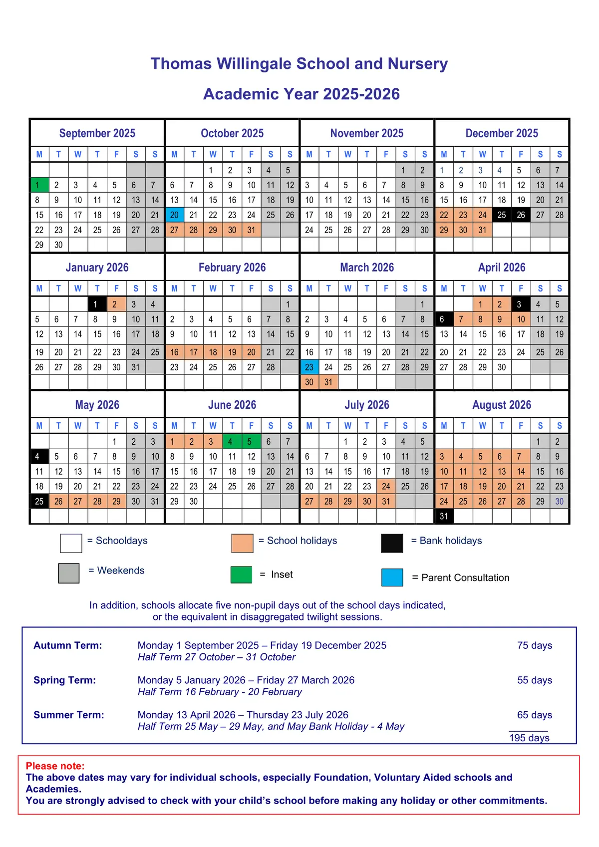 Thomas Willingale Primary School and Nursery term dates