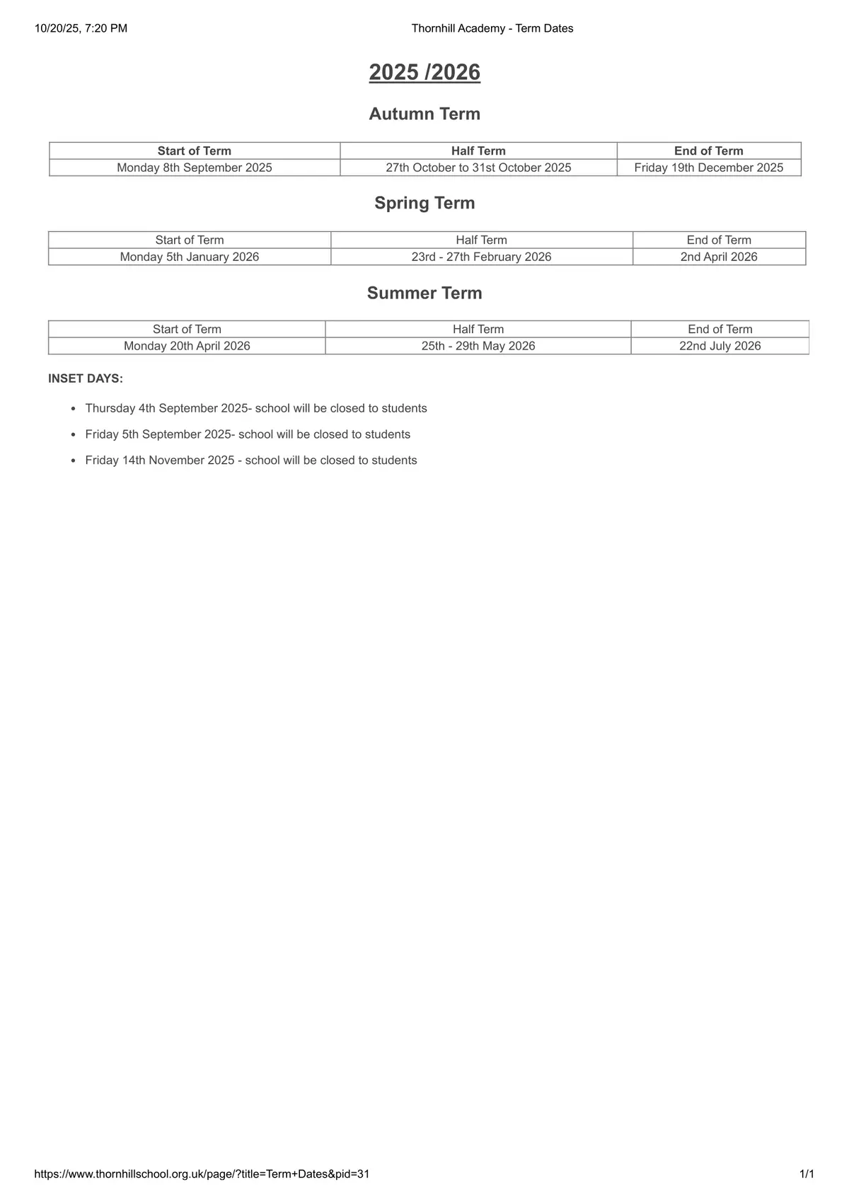 Thornhill Academy term dates