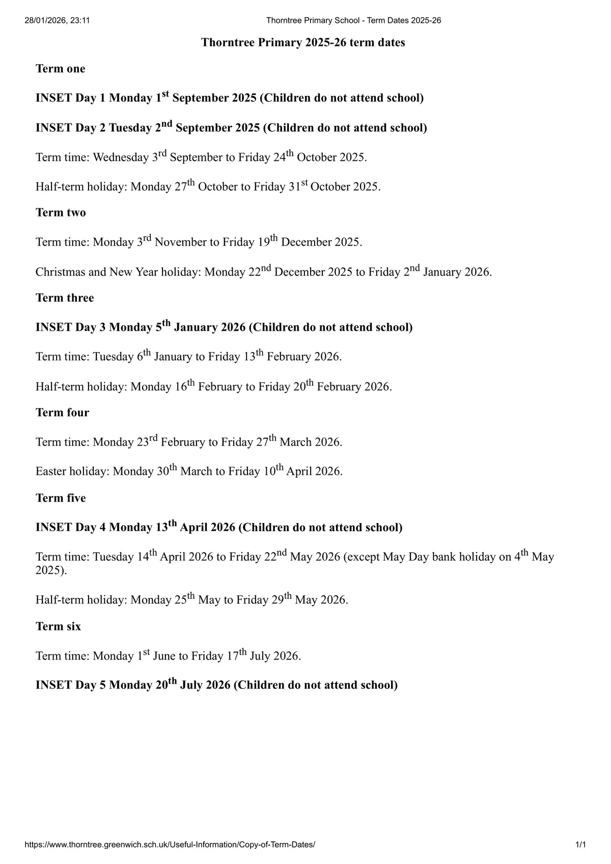 Thorntree Primary School term dates