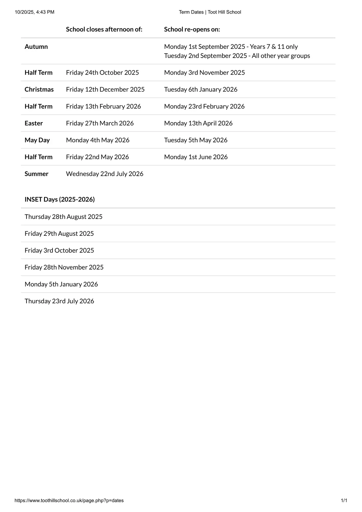 Toot Hill School term dates