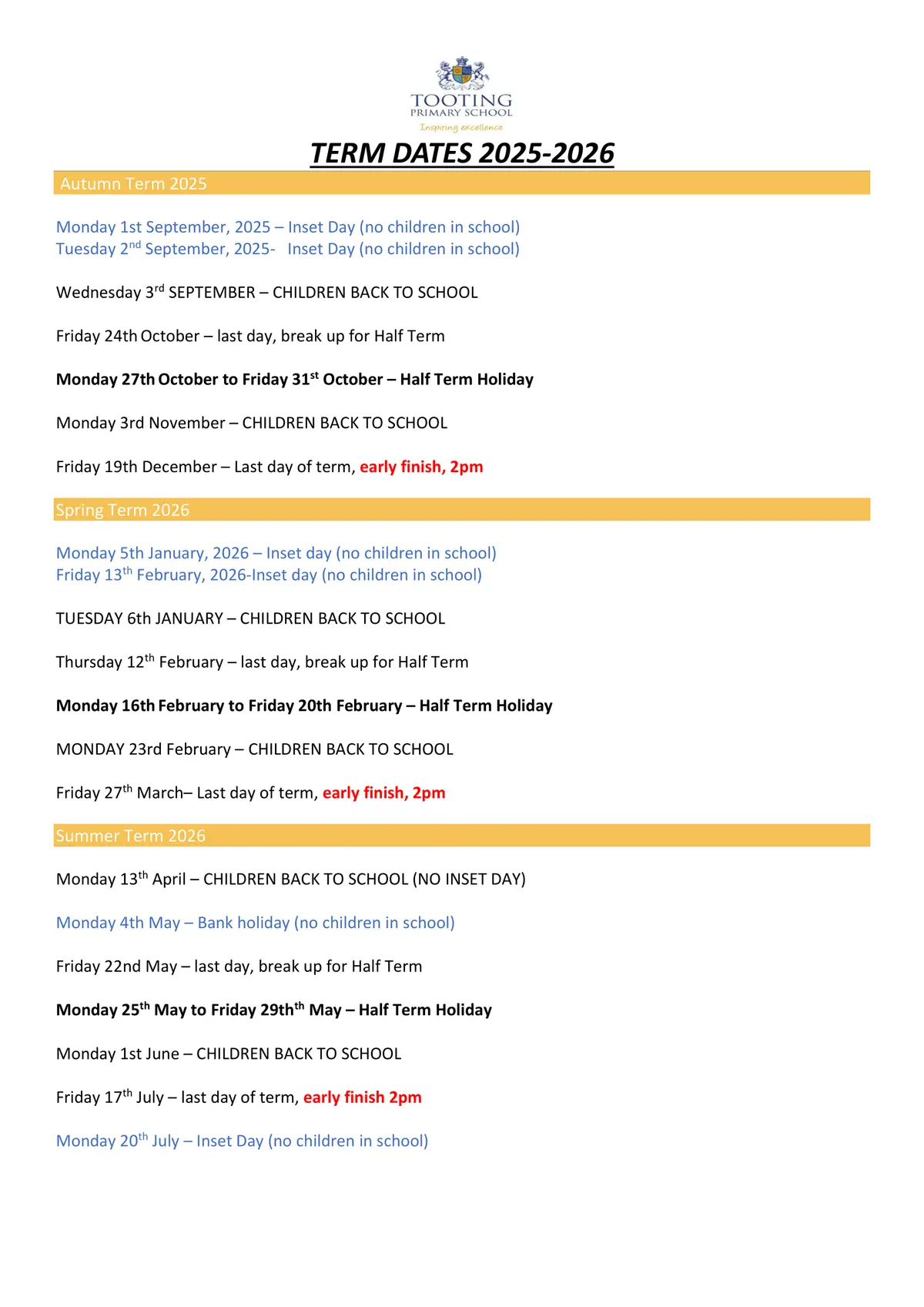 Tooting Primary School term dates