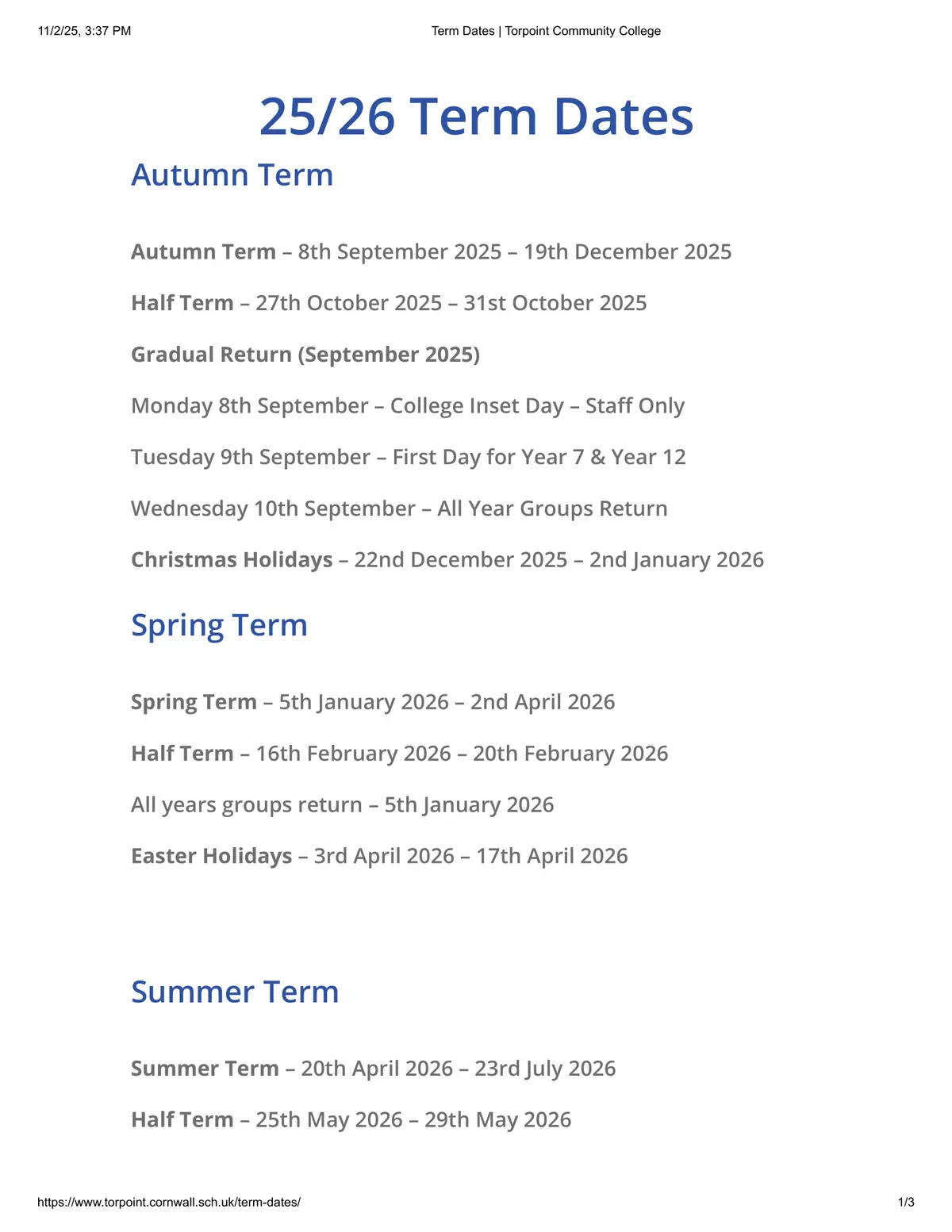 Torpoint Community College term dates