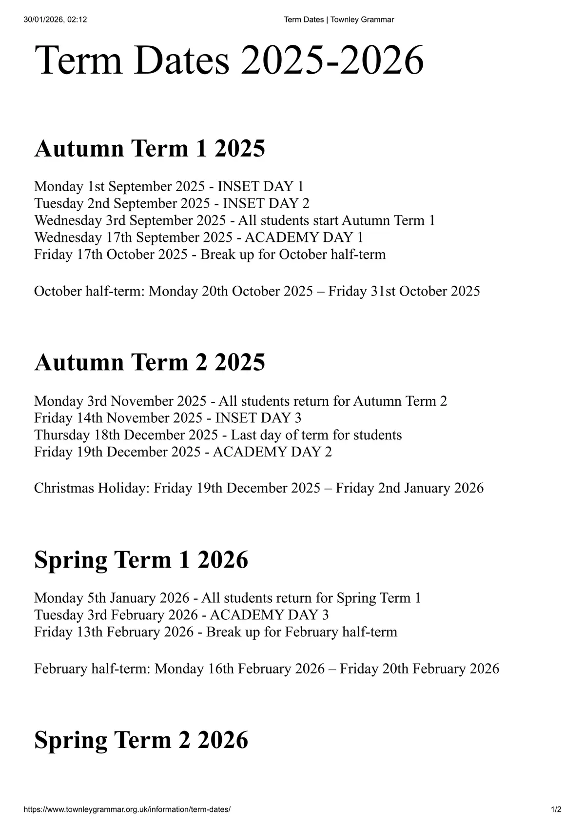 Townley Grammar School term dates