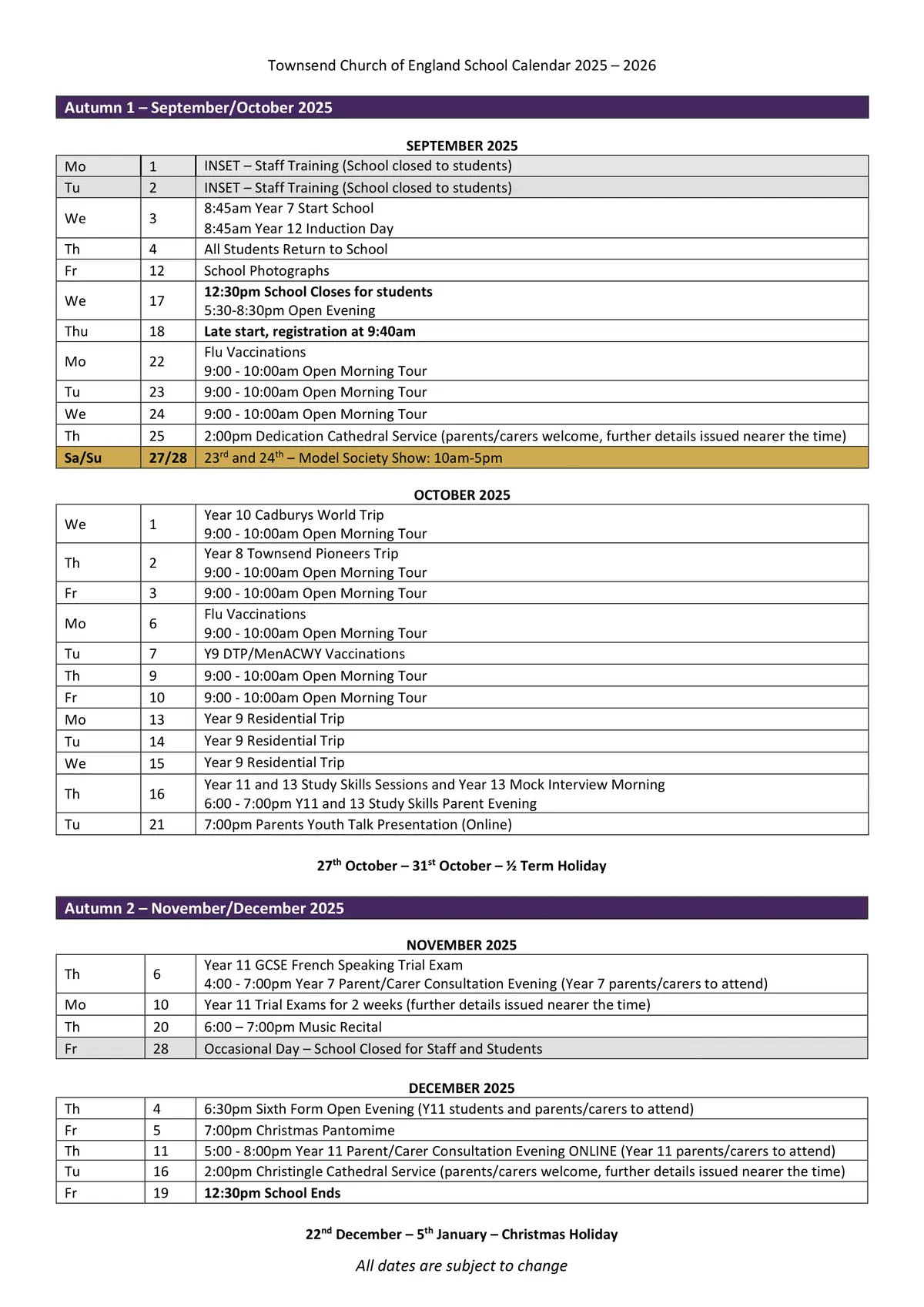 Townsend Church of England School term dates