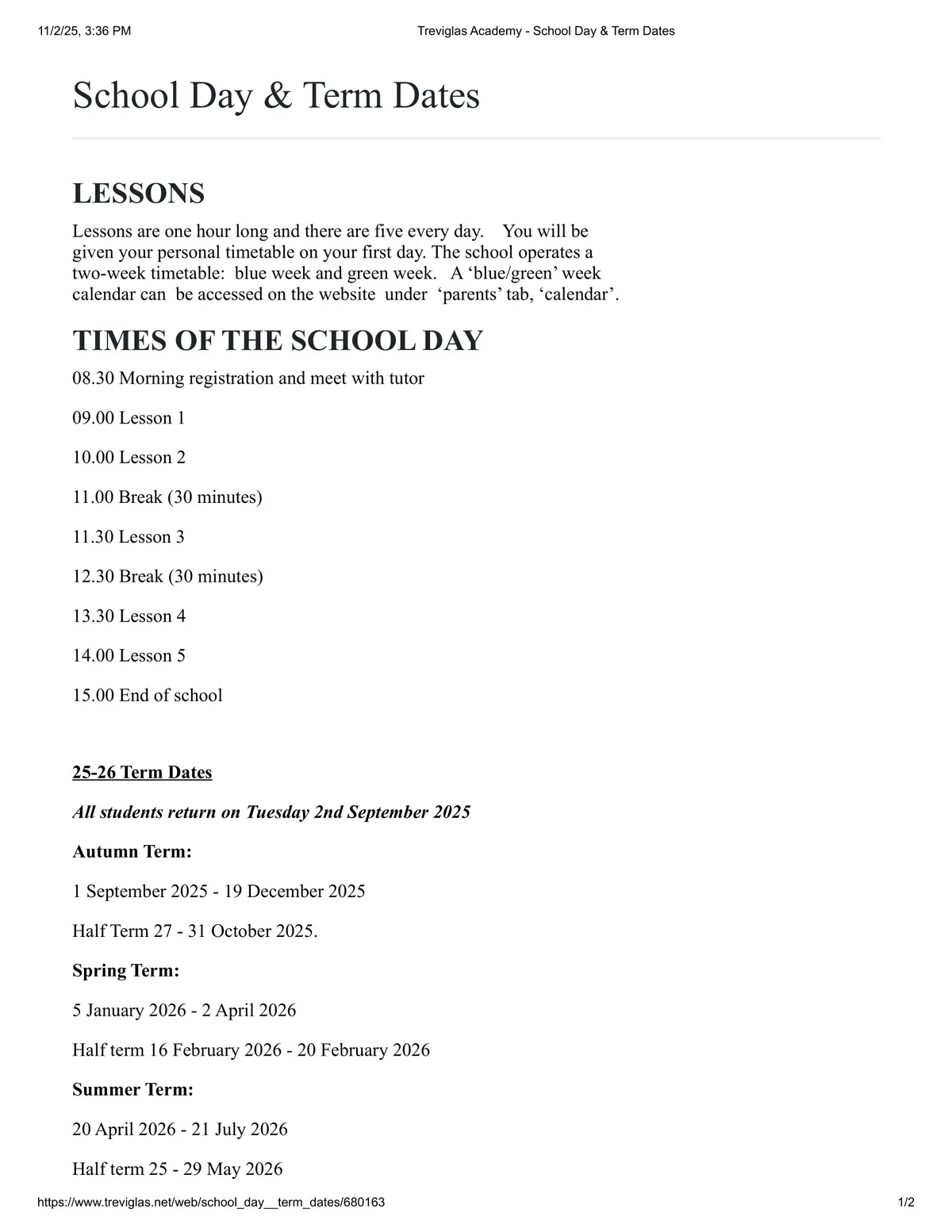 Treviglas Academy term dates