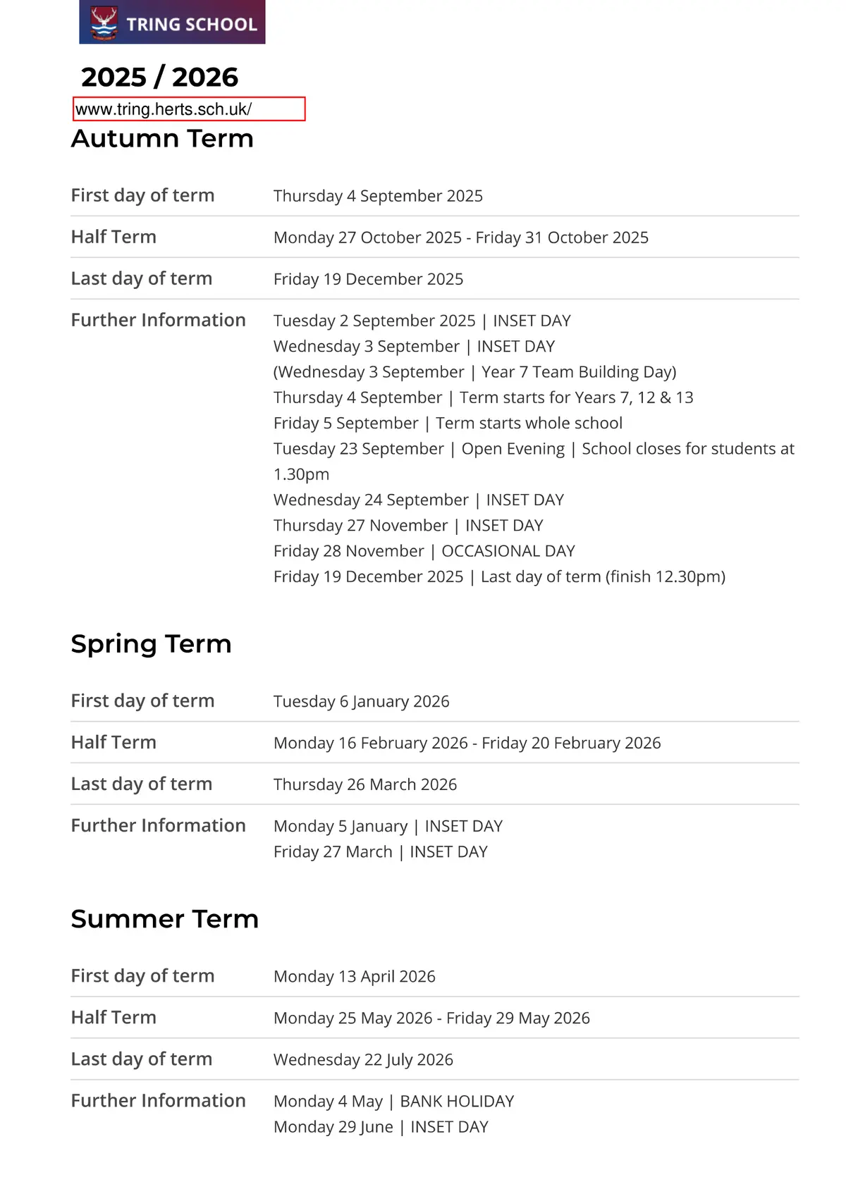 Tring School term dates
