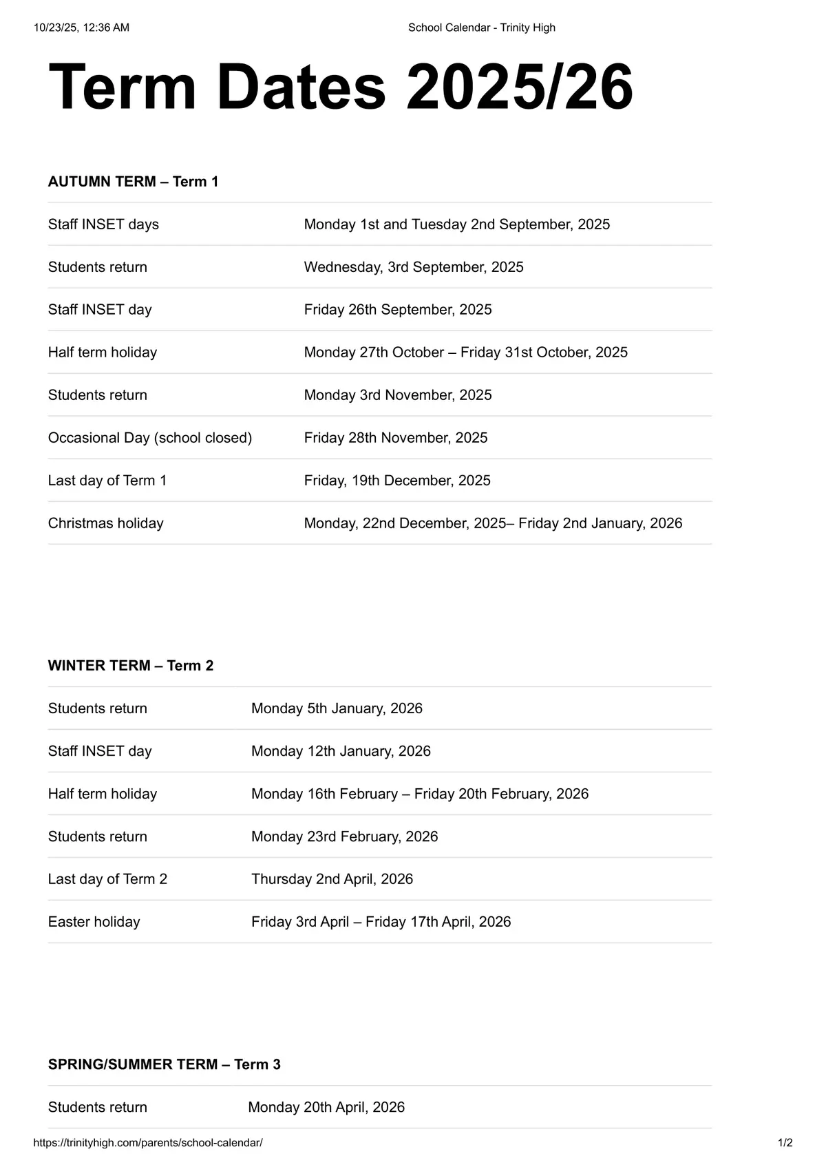 Trinity Catholic High School term dates