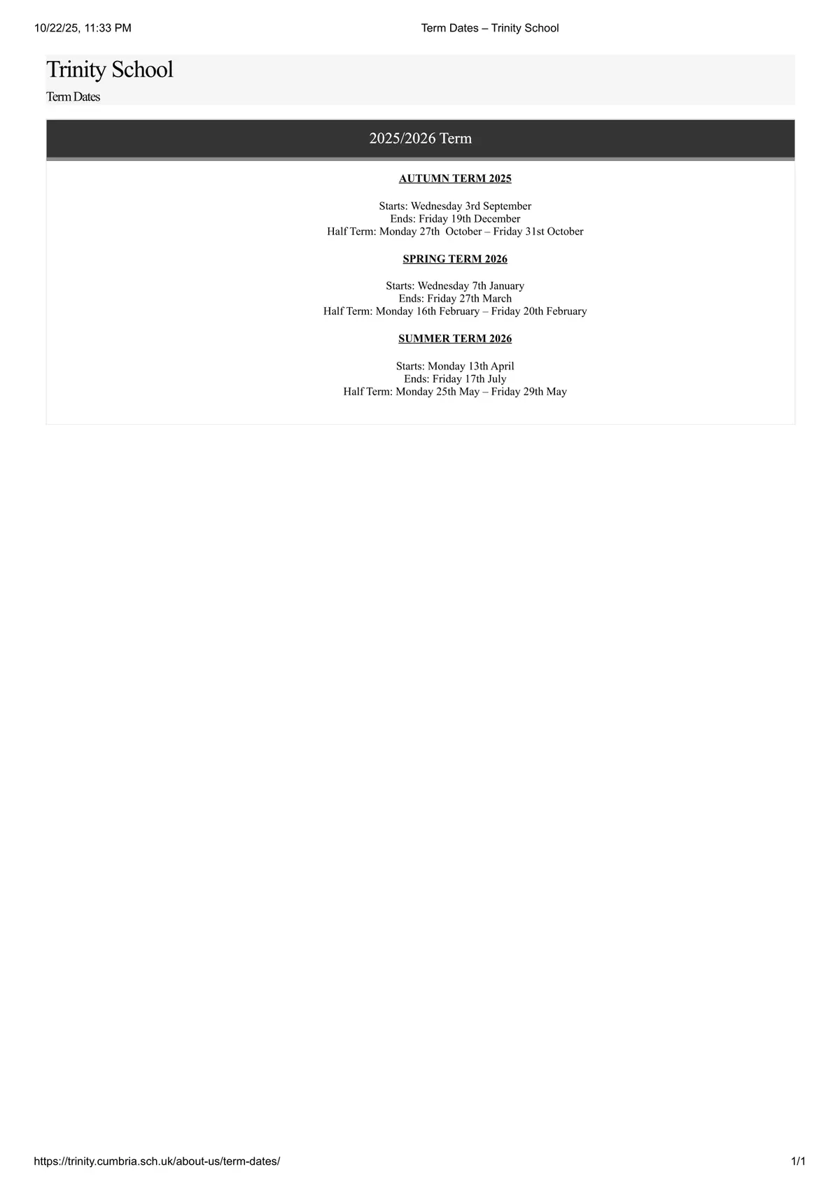 Trinity School term dates
