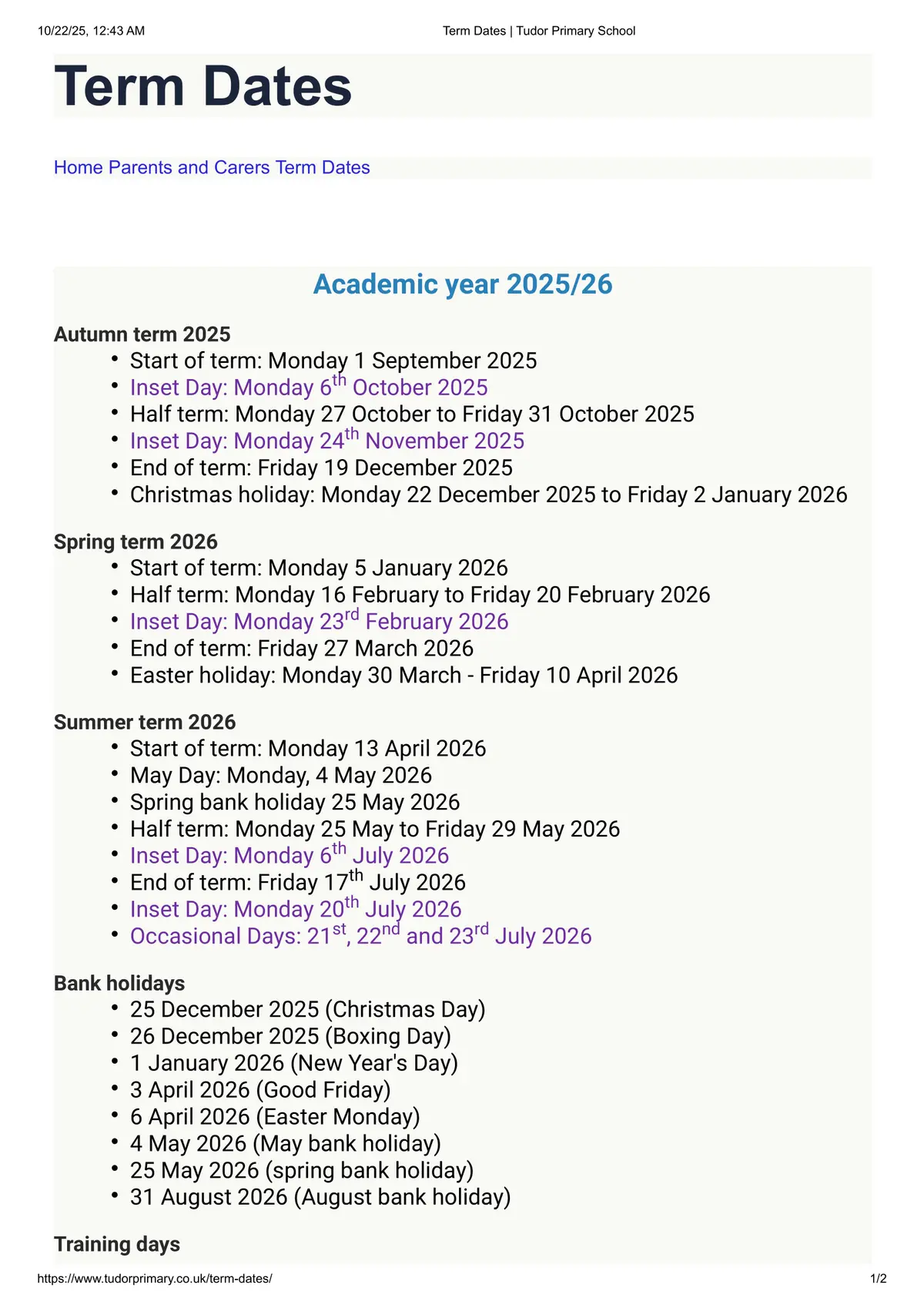 Tudor Primary School term dates