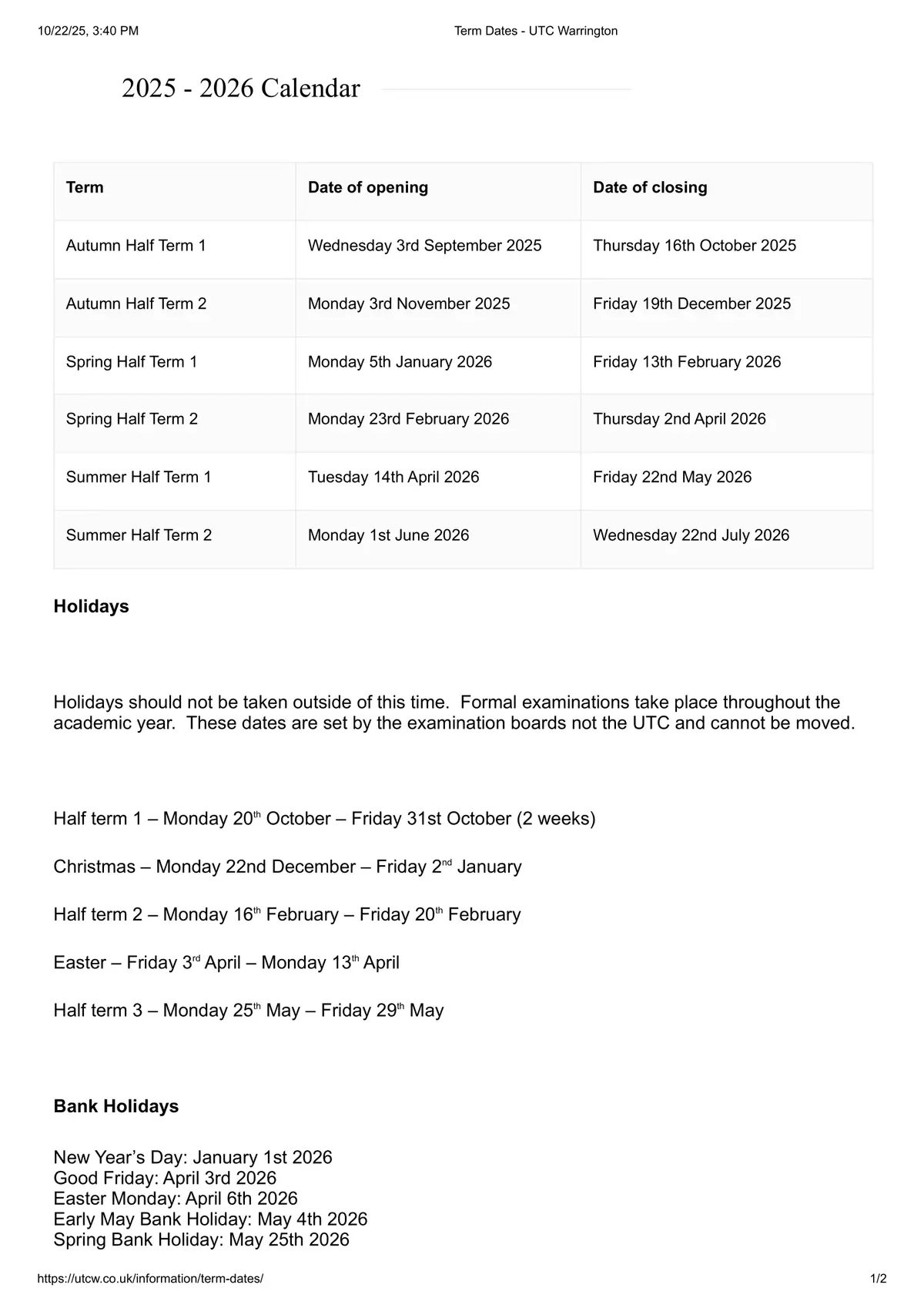 UTC Warrington term dates