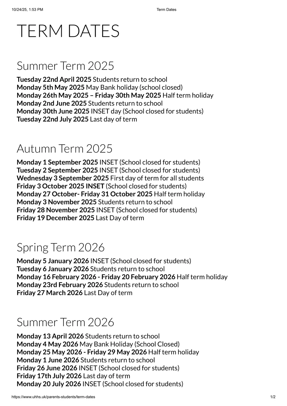 Ullswater Community College term dates