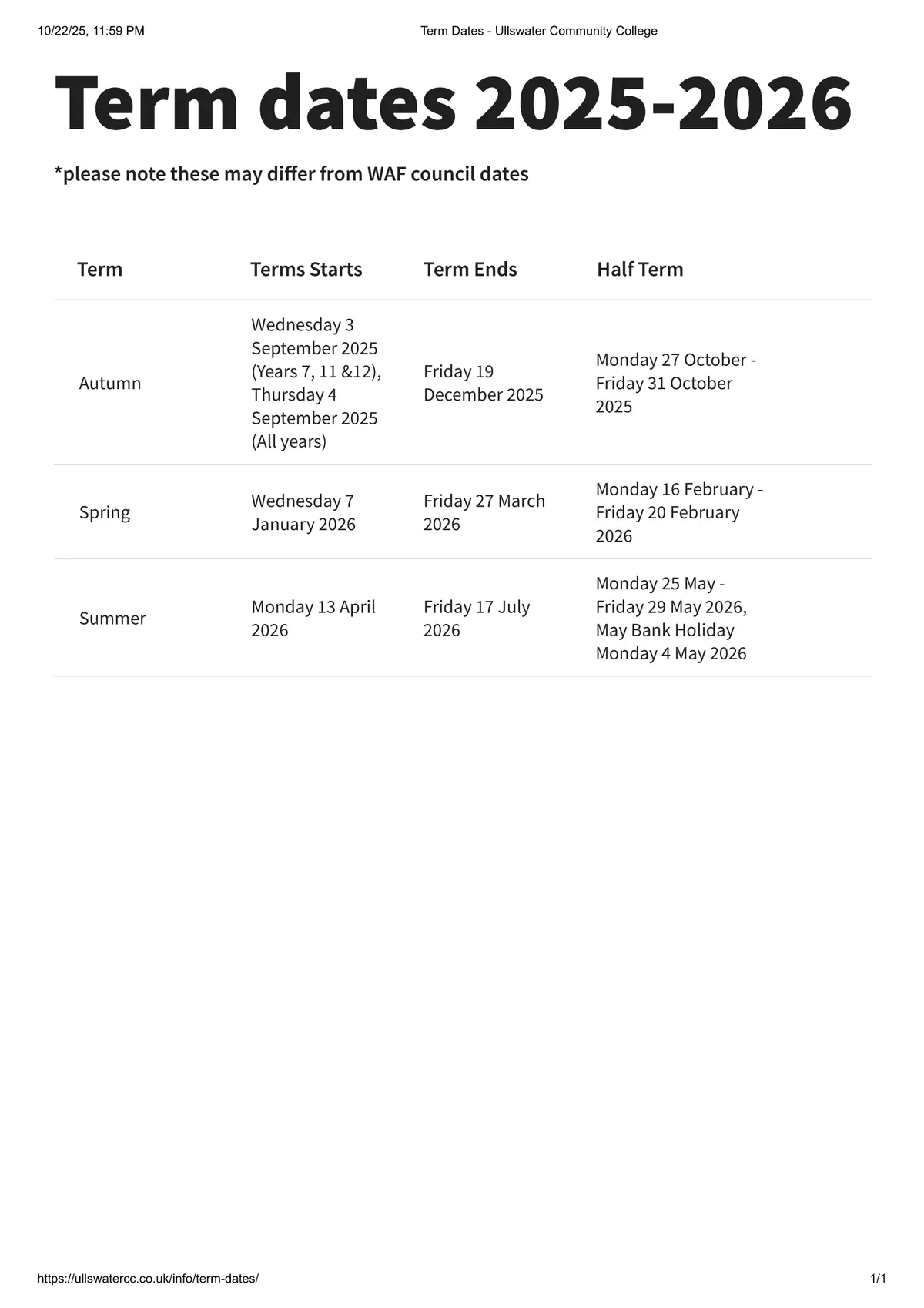 Ulverston Victoria High School term dates