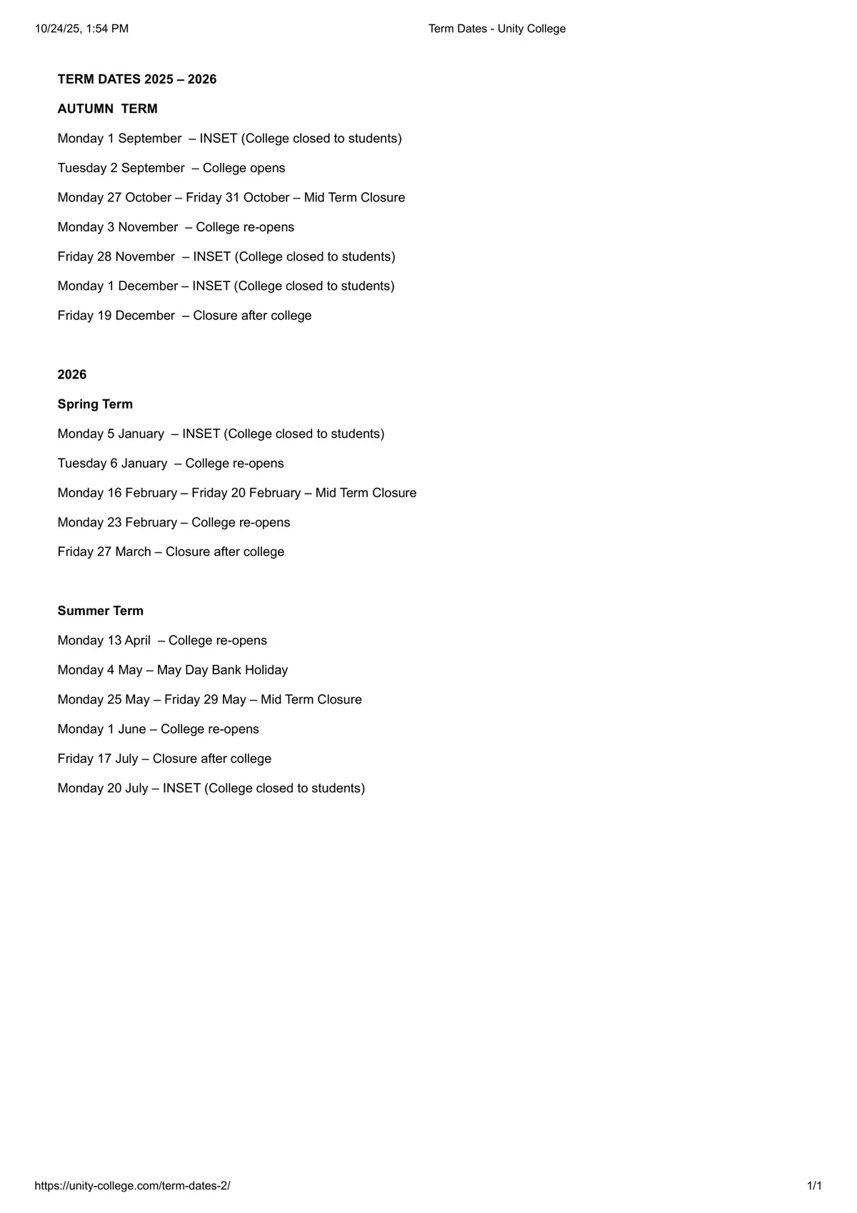 Unity College term dates