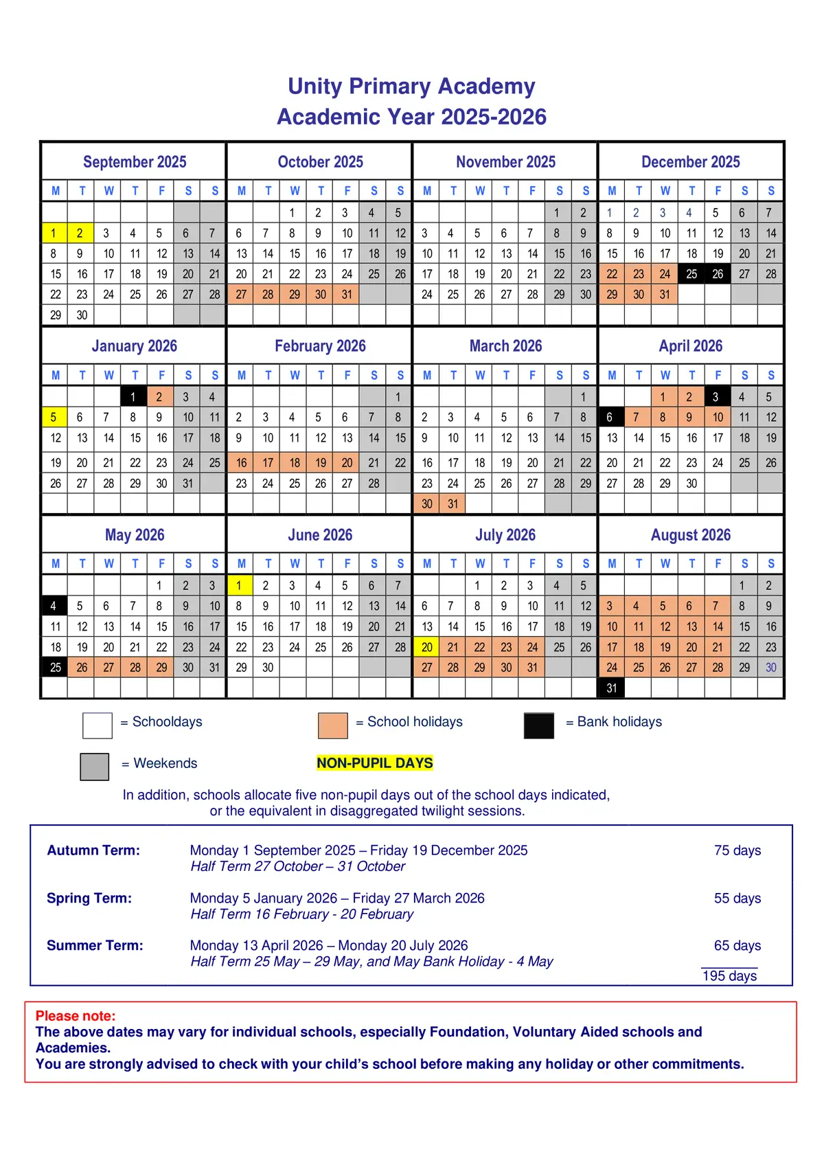 Unity Primary Academy term dates