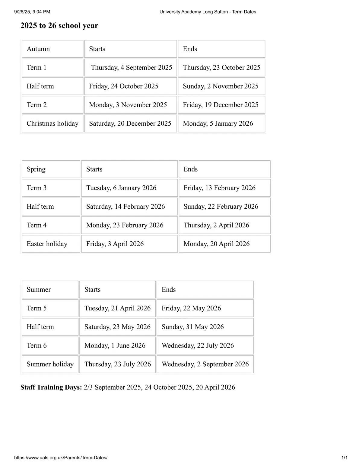 University Academy Long Sutton term dates