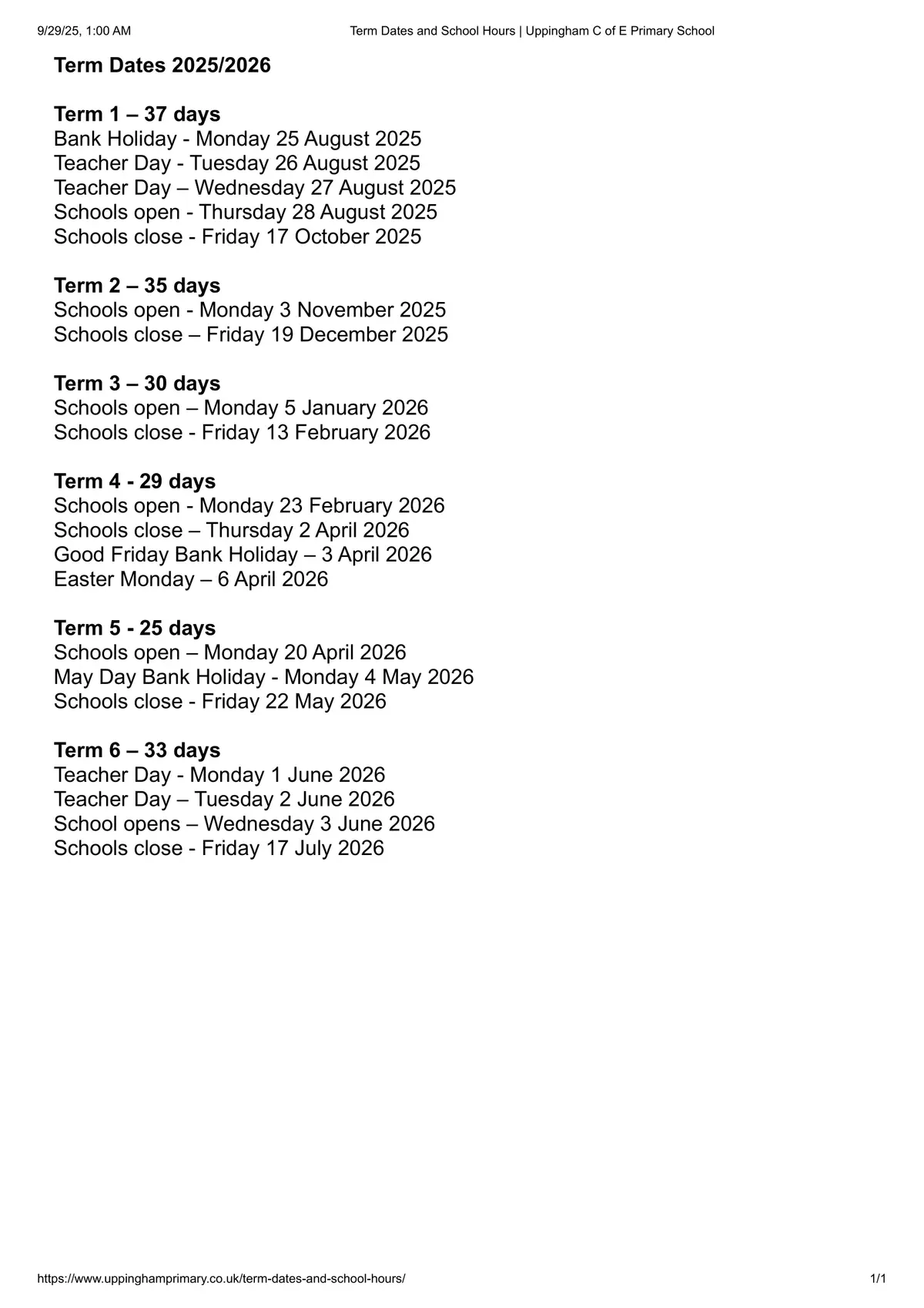 Uppingham Church of England Primary School term dates