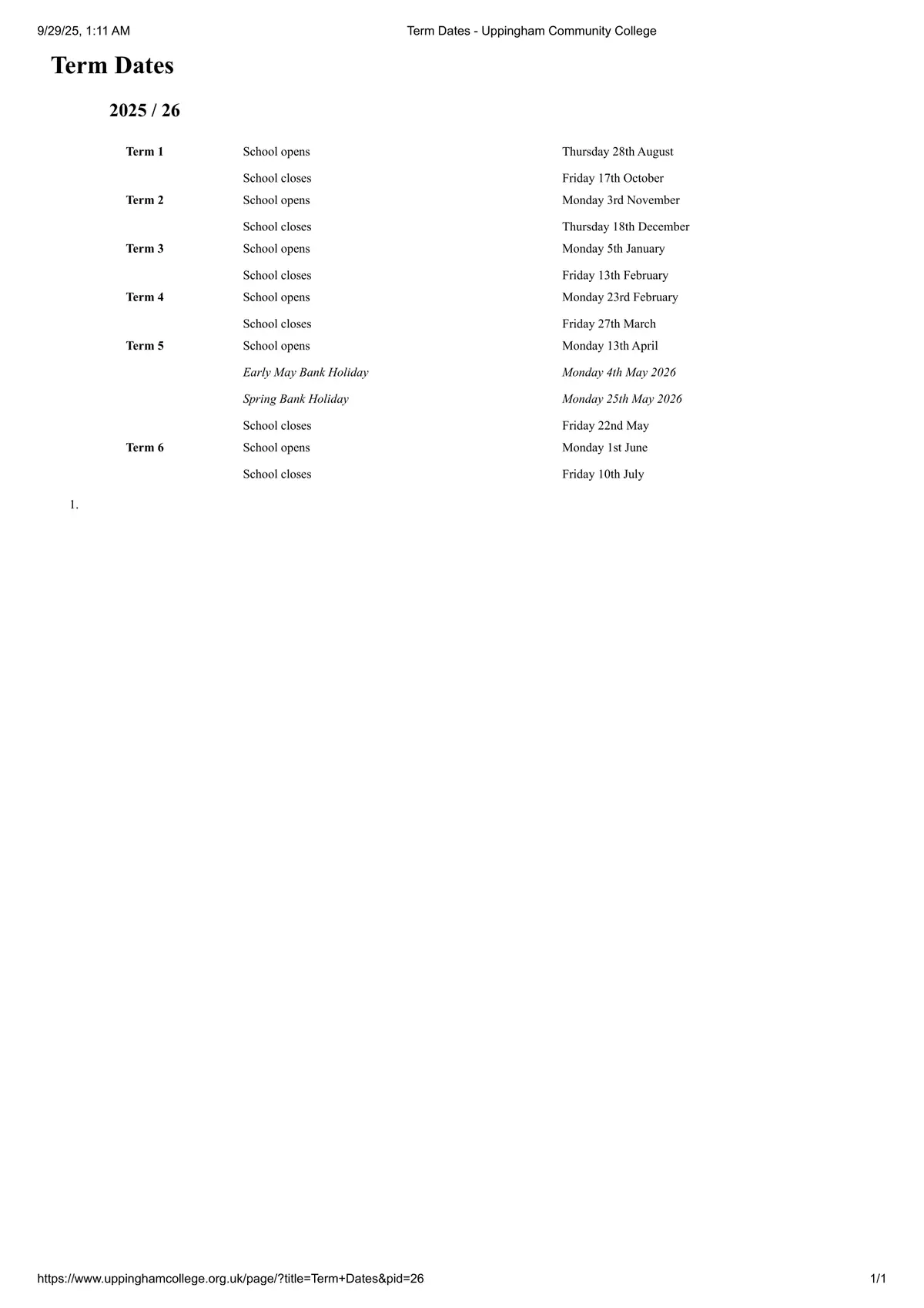 Uppingham Community College term dates