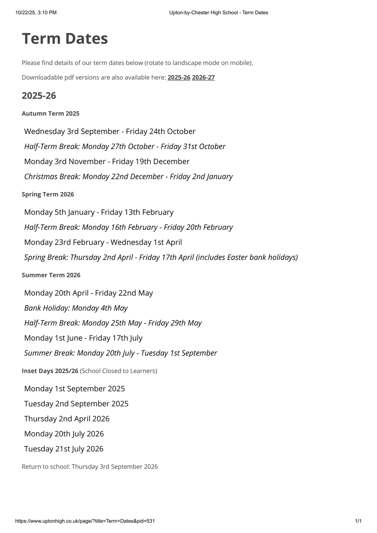 Upton-by-Chester High School term dates