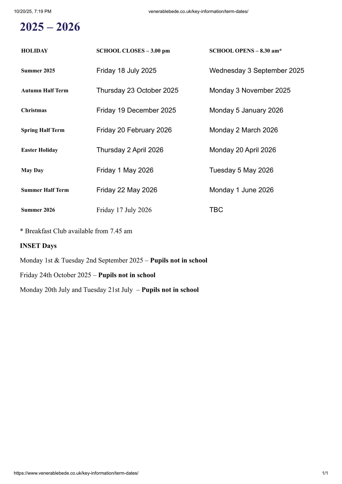 Venerable Bede Church of England Academy term dates