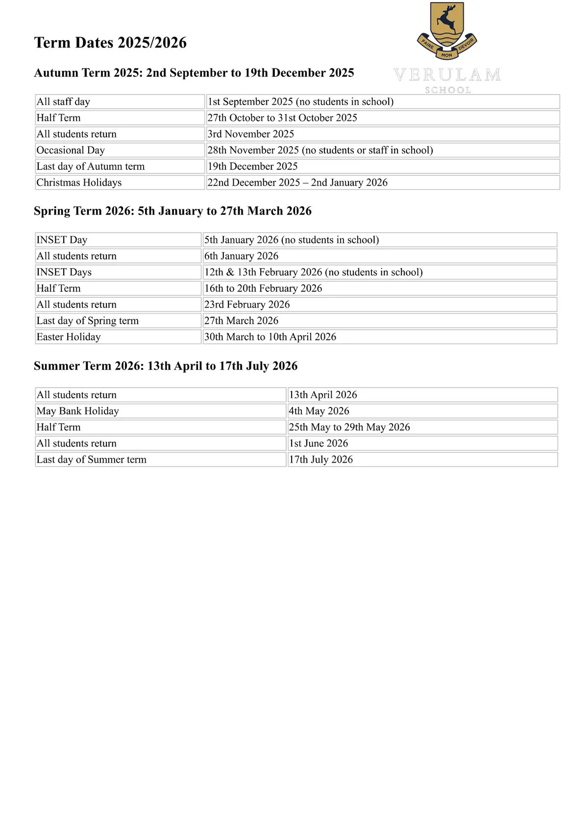 Verulam School term dates