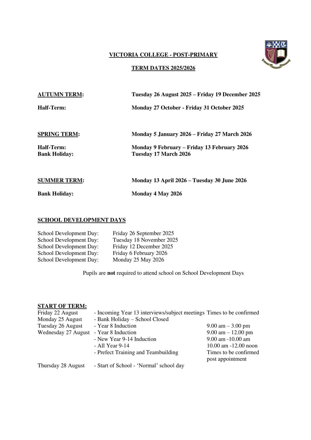 Victoria College term dates