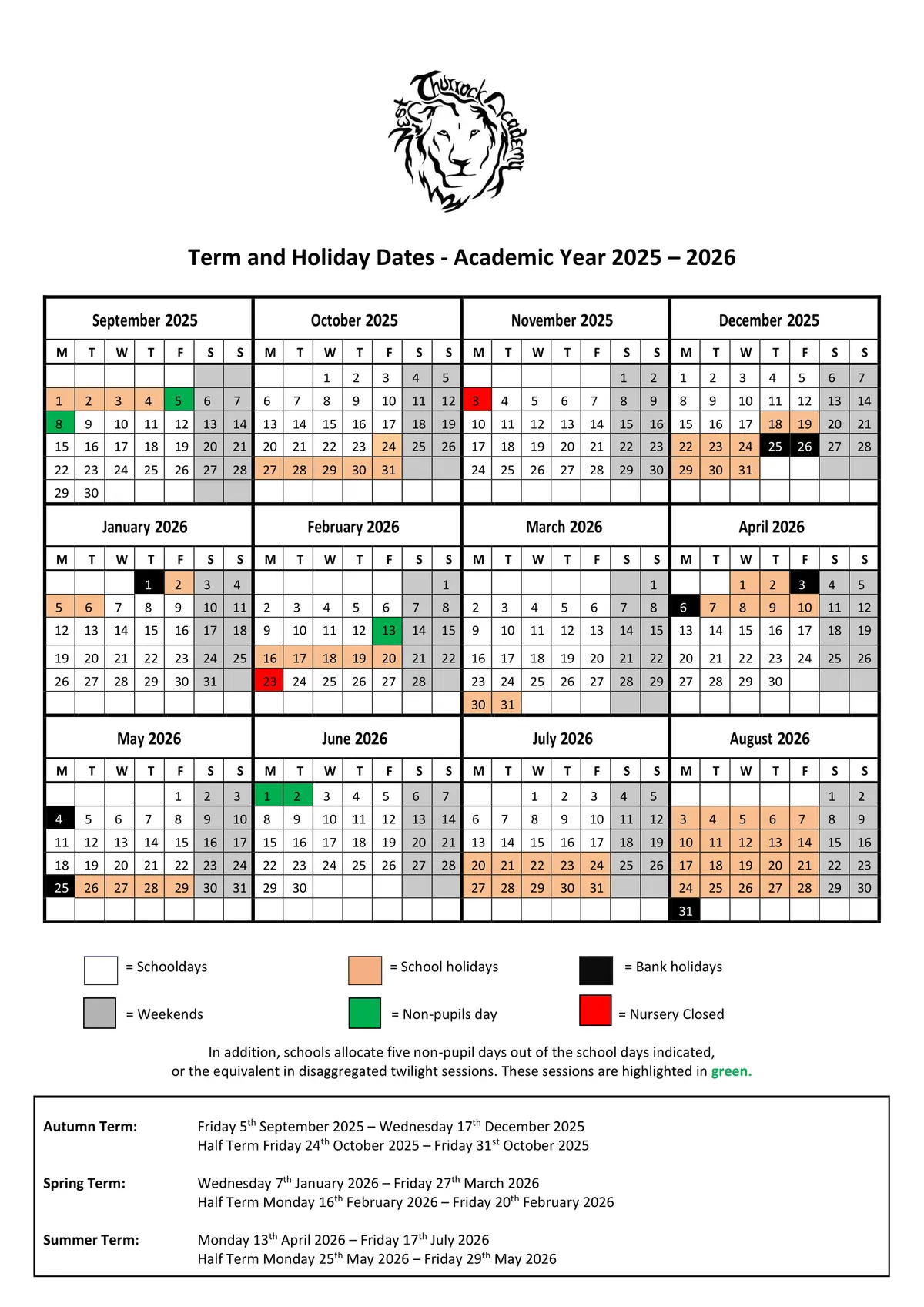 West Thurrock Academy term dates