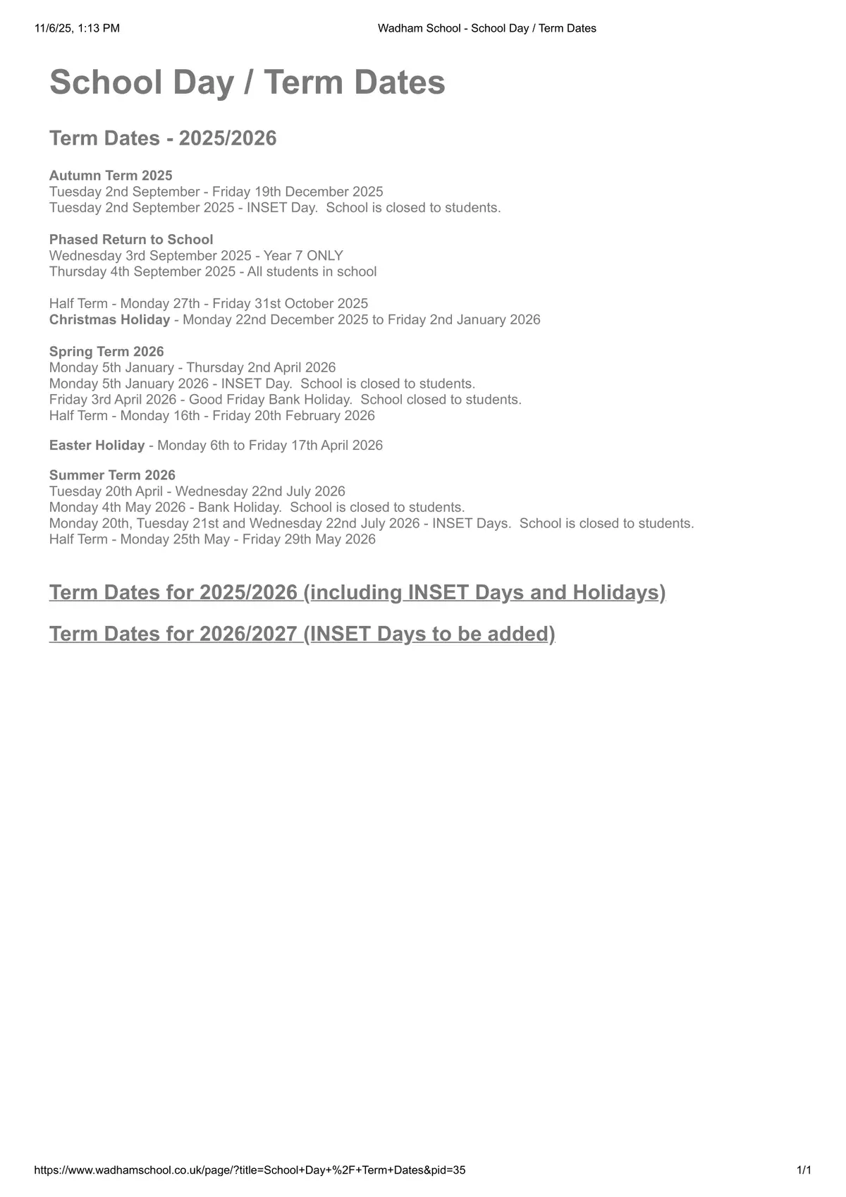 Wadham School term dates