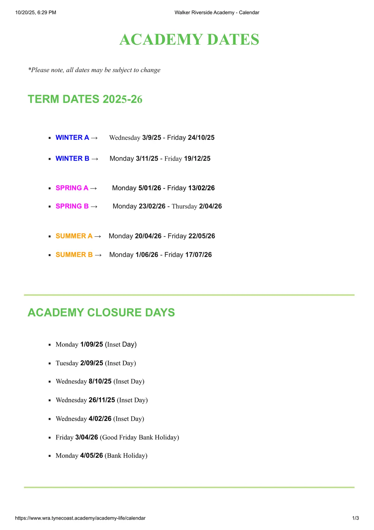 Walker Riverside Academy term dates