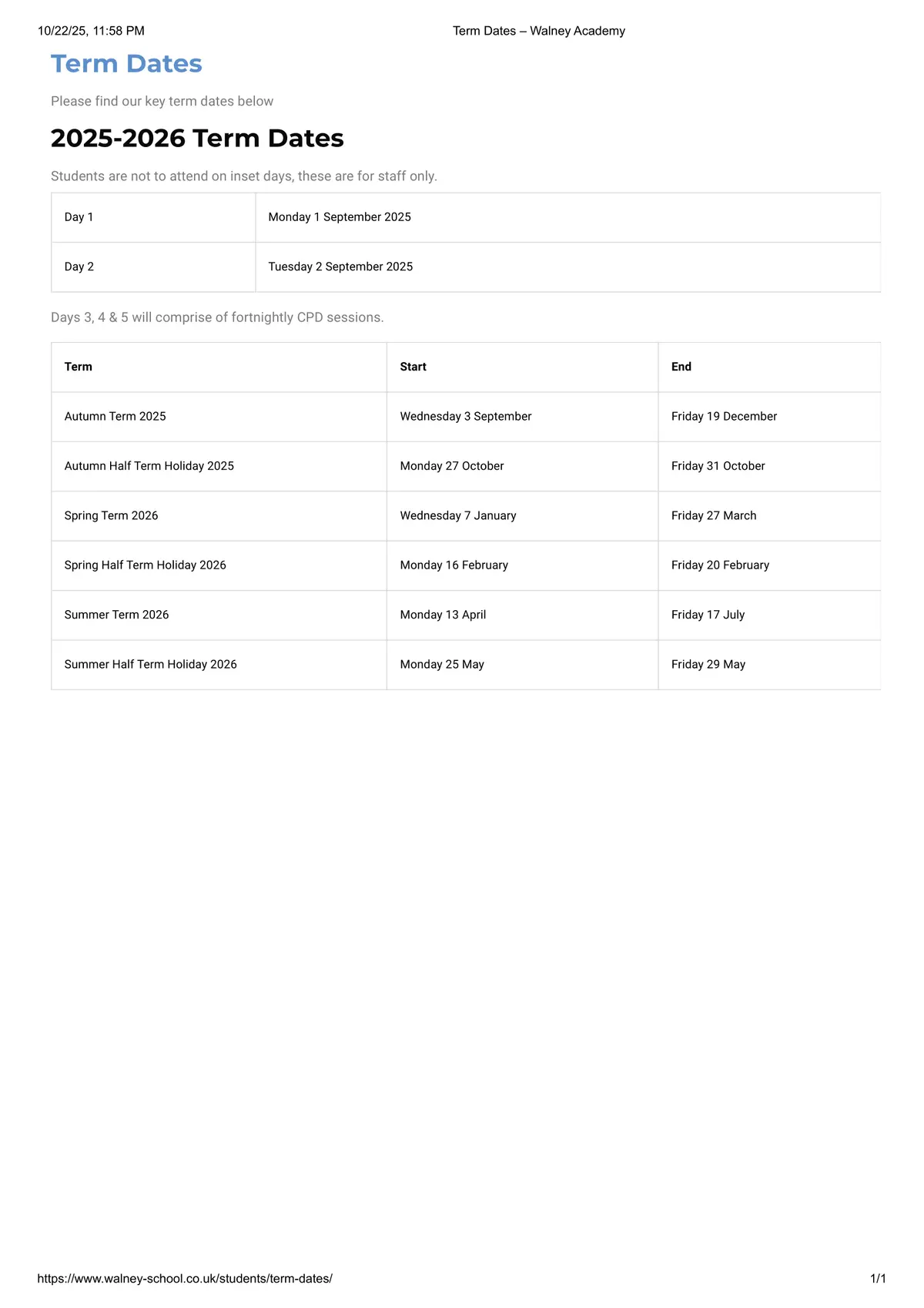Walney School term dates