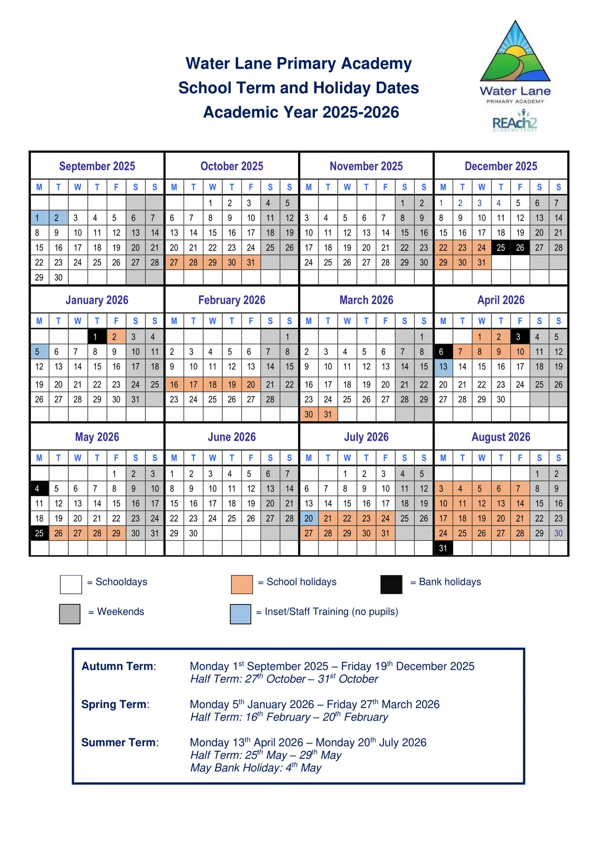 Water Lane Primary Academy term dates