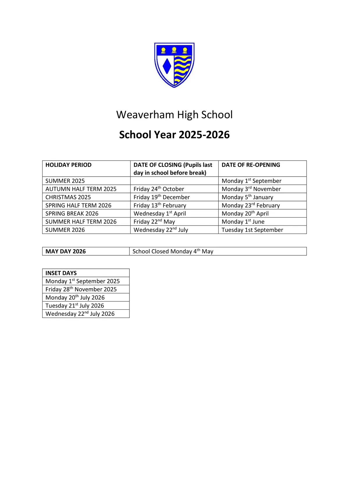 Weaverham High School term dates
