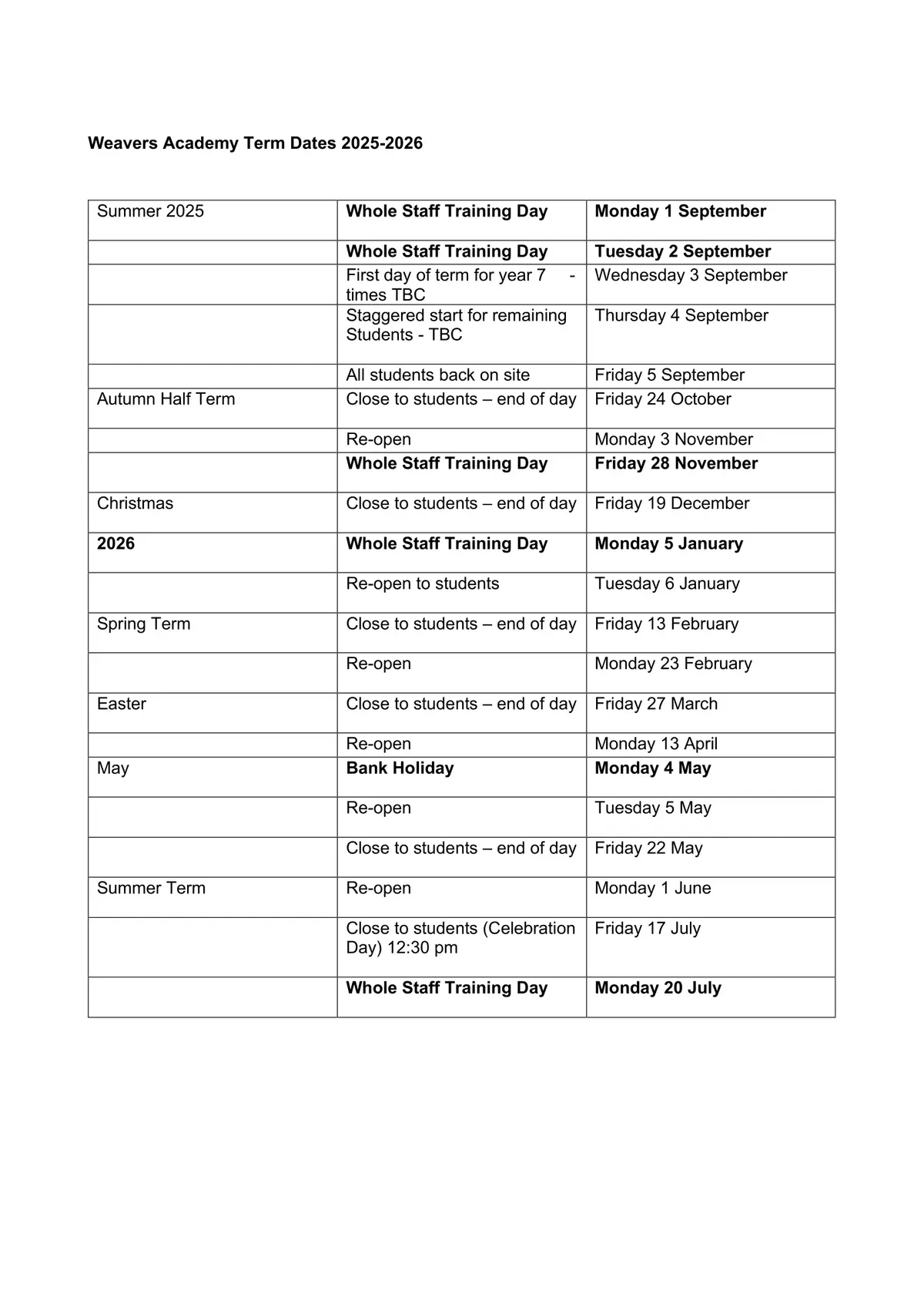 Weldon Village Academy term dates