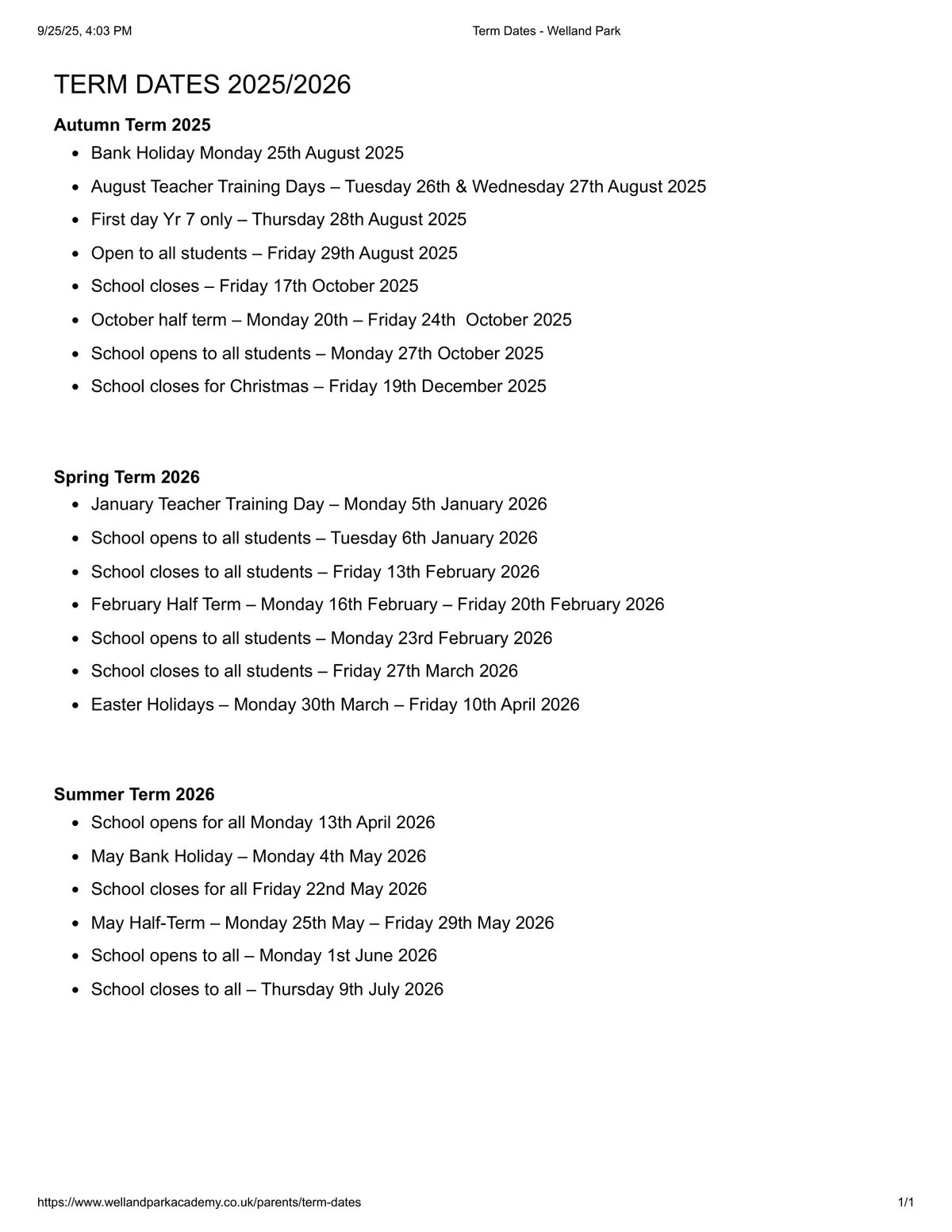 Welland Park Academy term dates