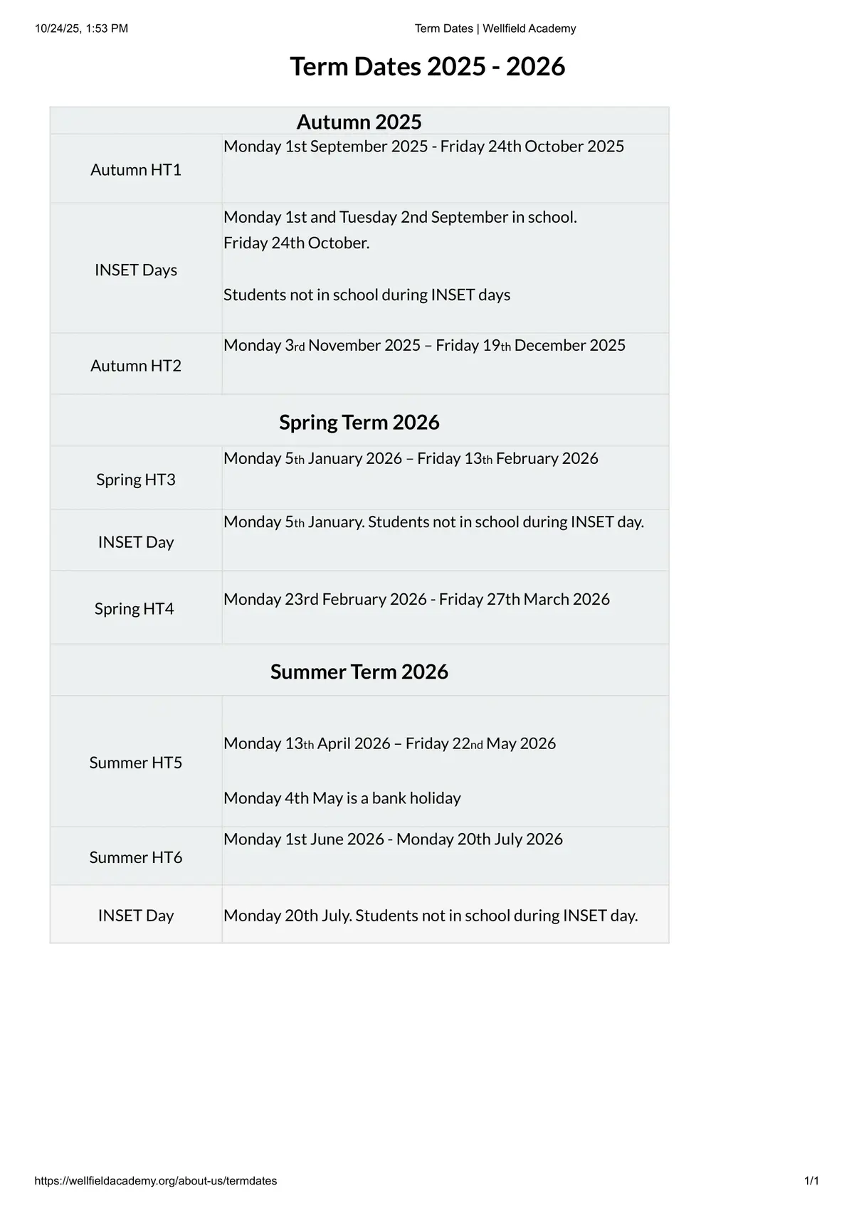 Wellfield Academy term dates