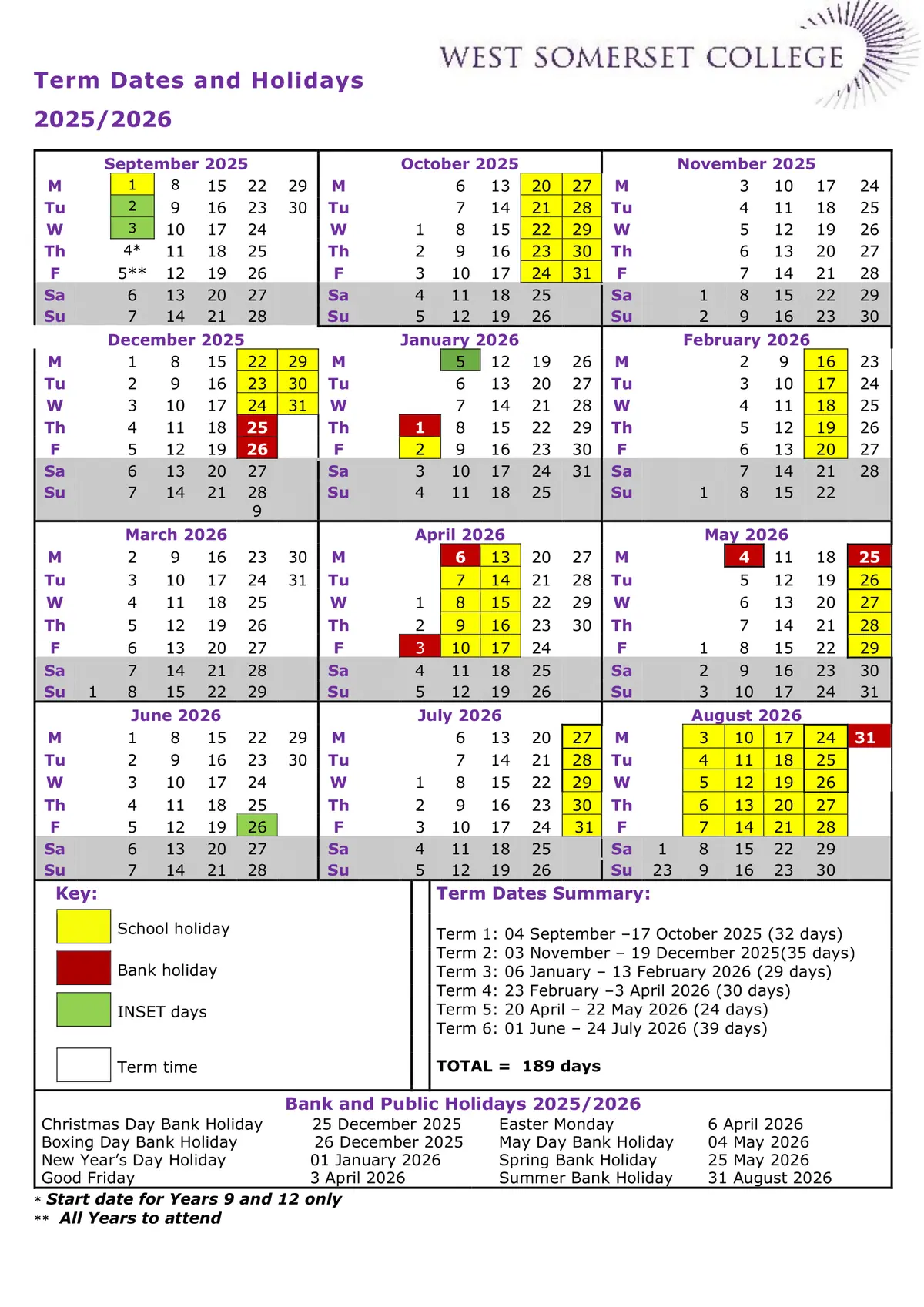 West Somerset College term dates