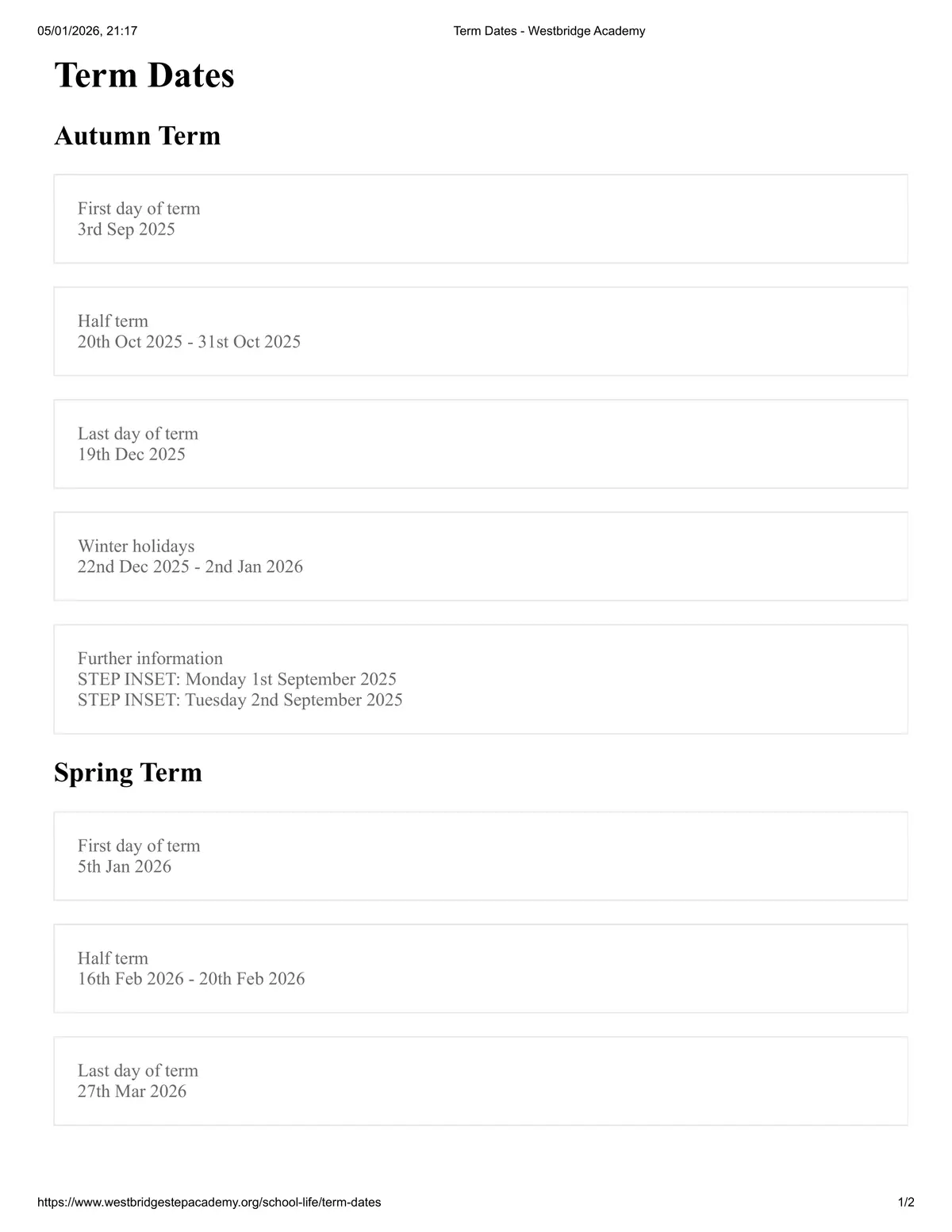 Westbridge Academy term dates