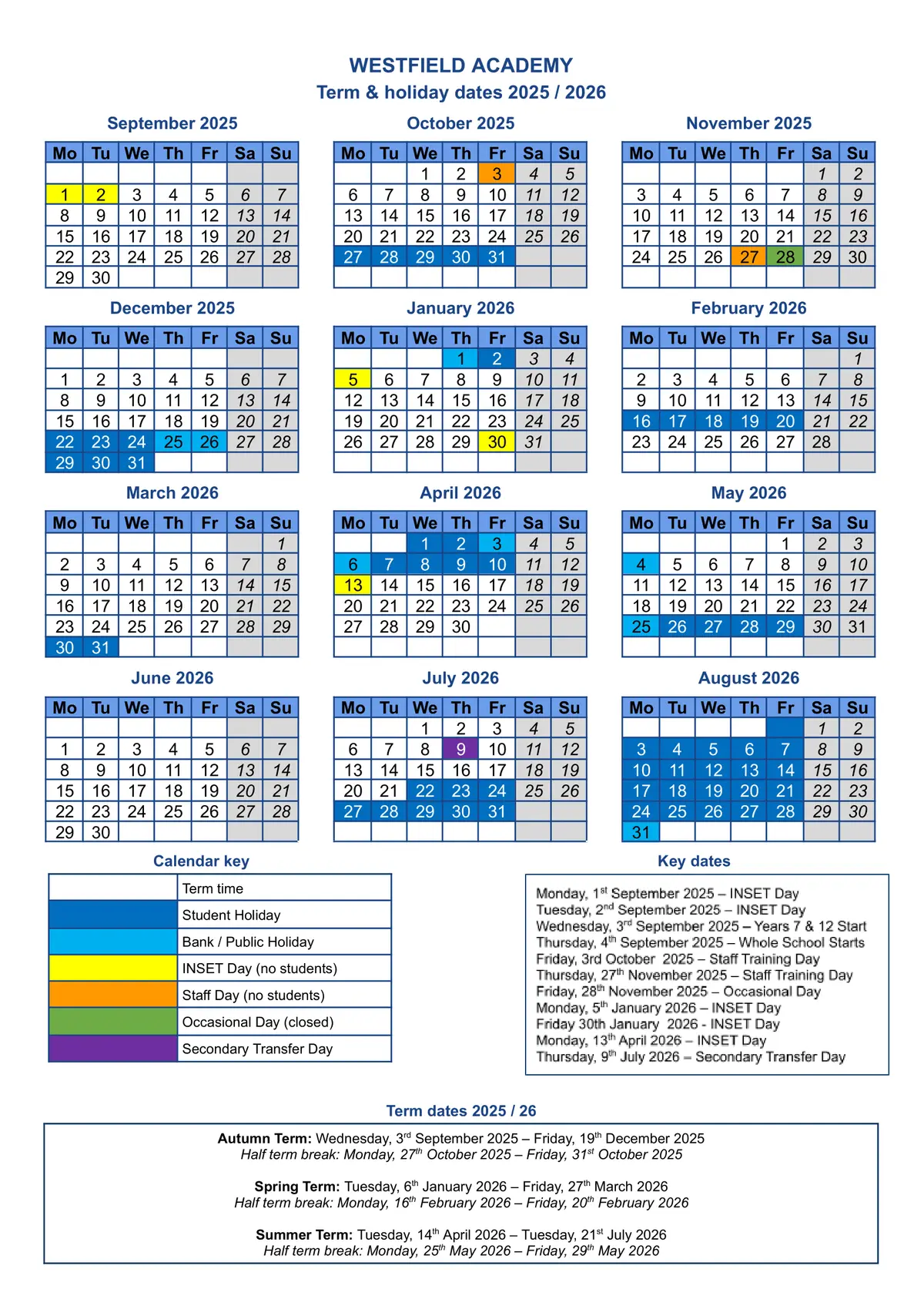 Westfield Academy term dates