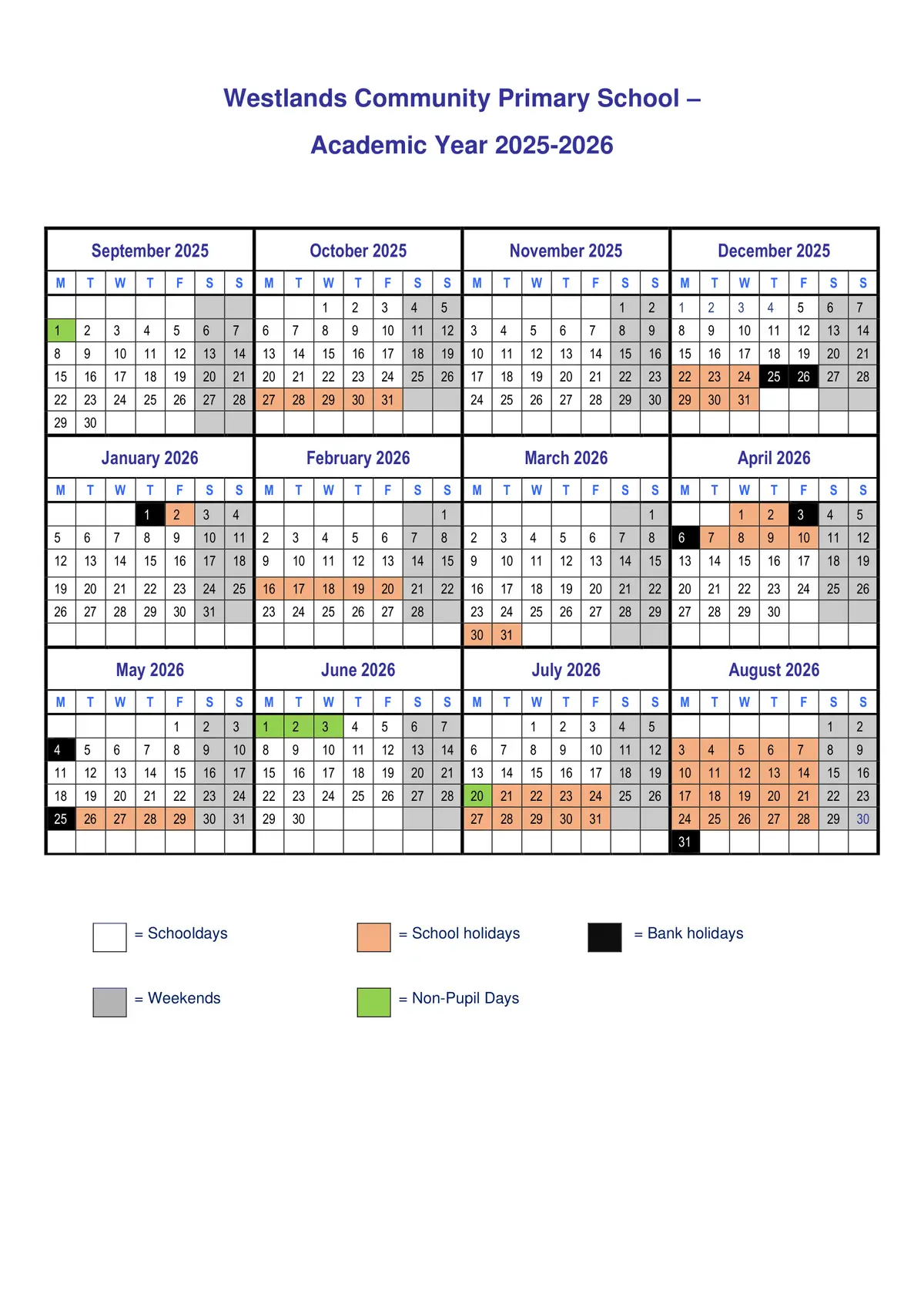 Westlands Community Primary School term dates