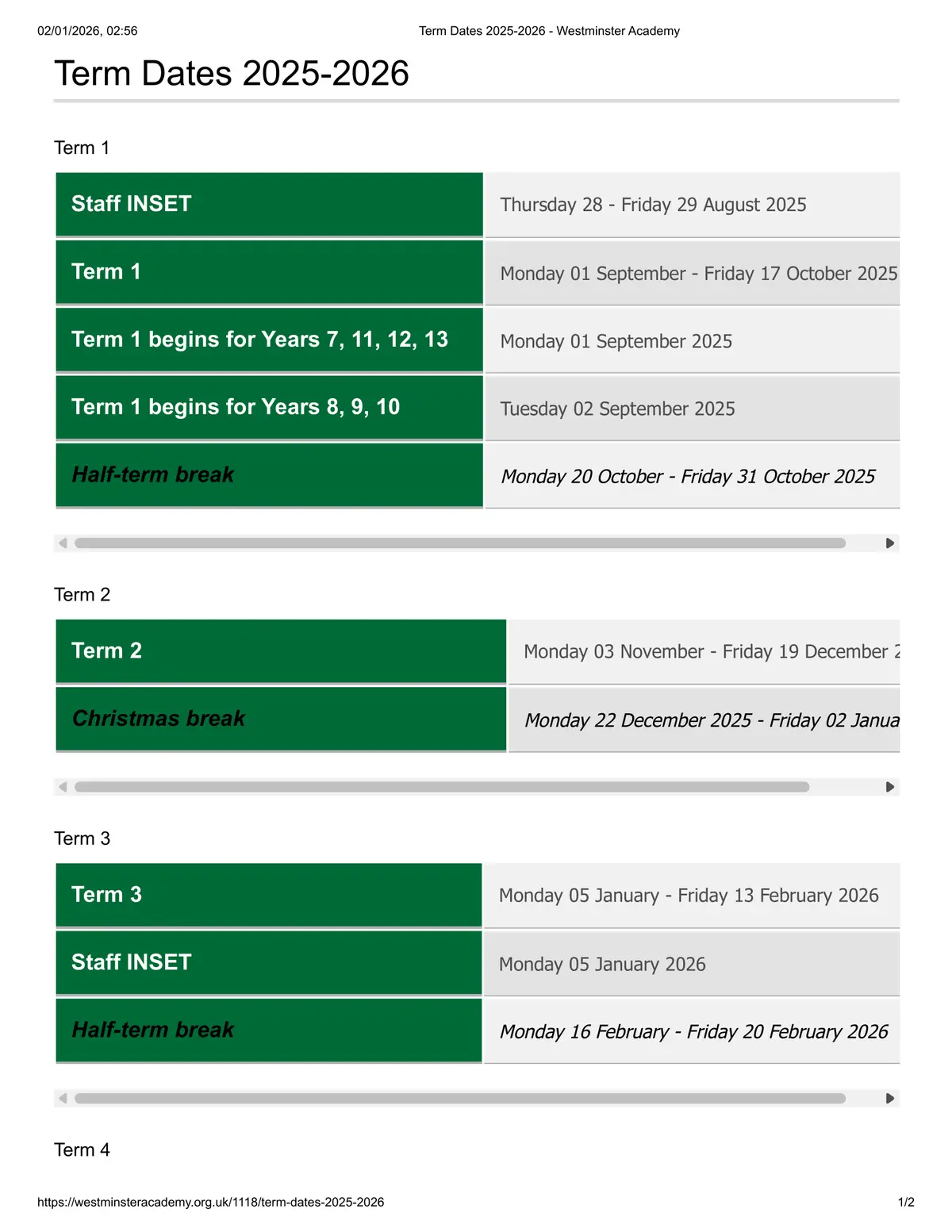 Westminster Academy term dates